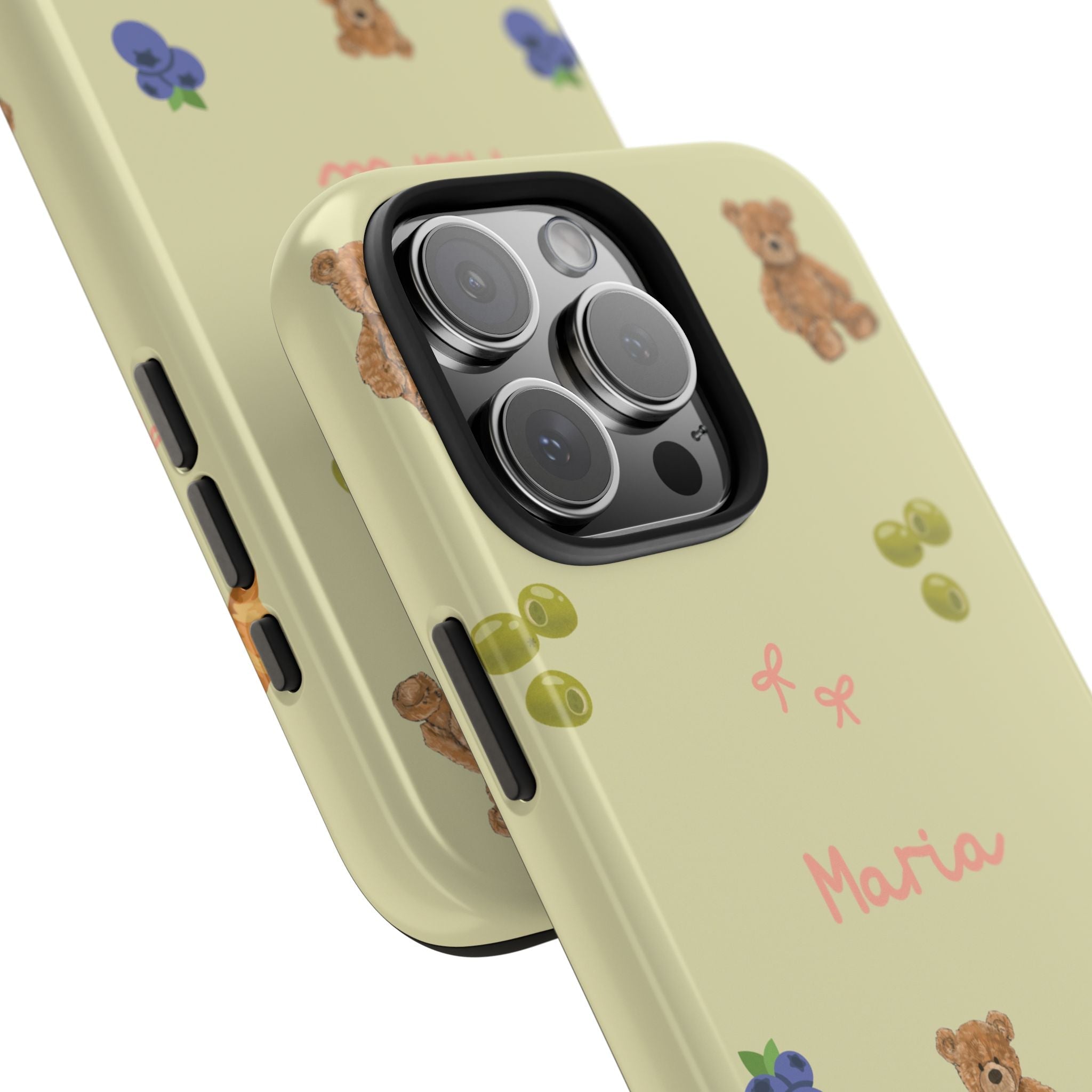 Olive phone case close-up with teddy bear design and name Maria near camera cutout