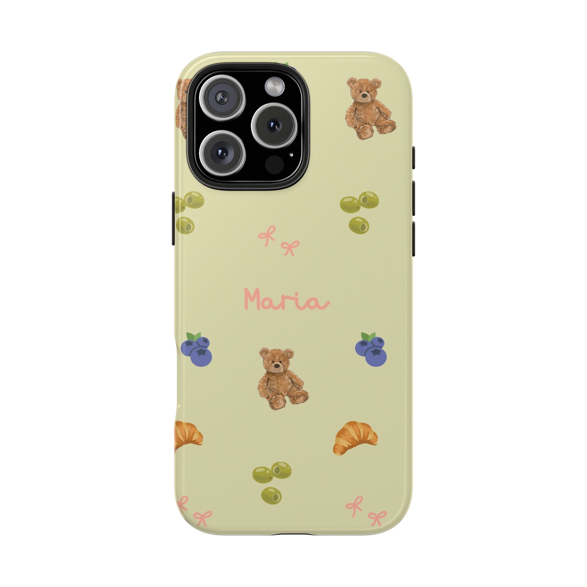 Olive phone case with teddy bear motifs and personalized name Maria