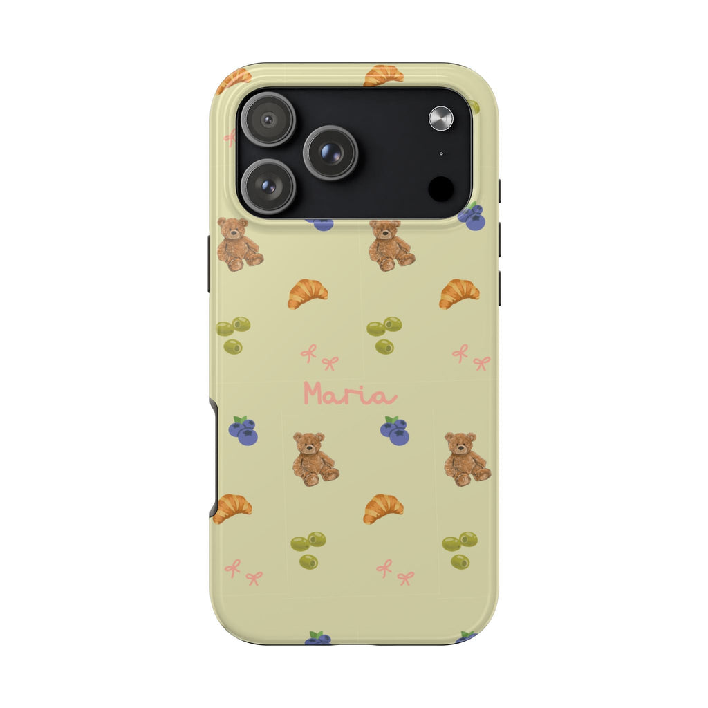 Olive phone case with teddy bears, croissants, and personalized name Maria
