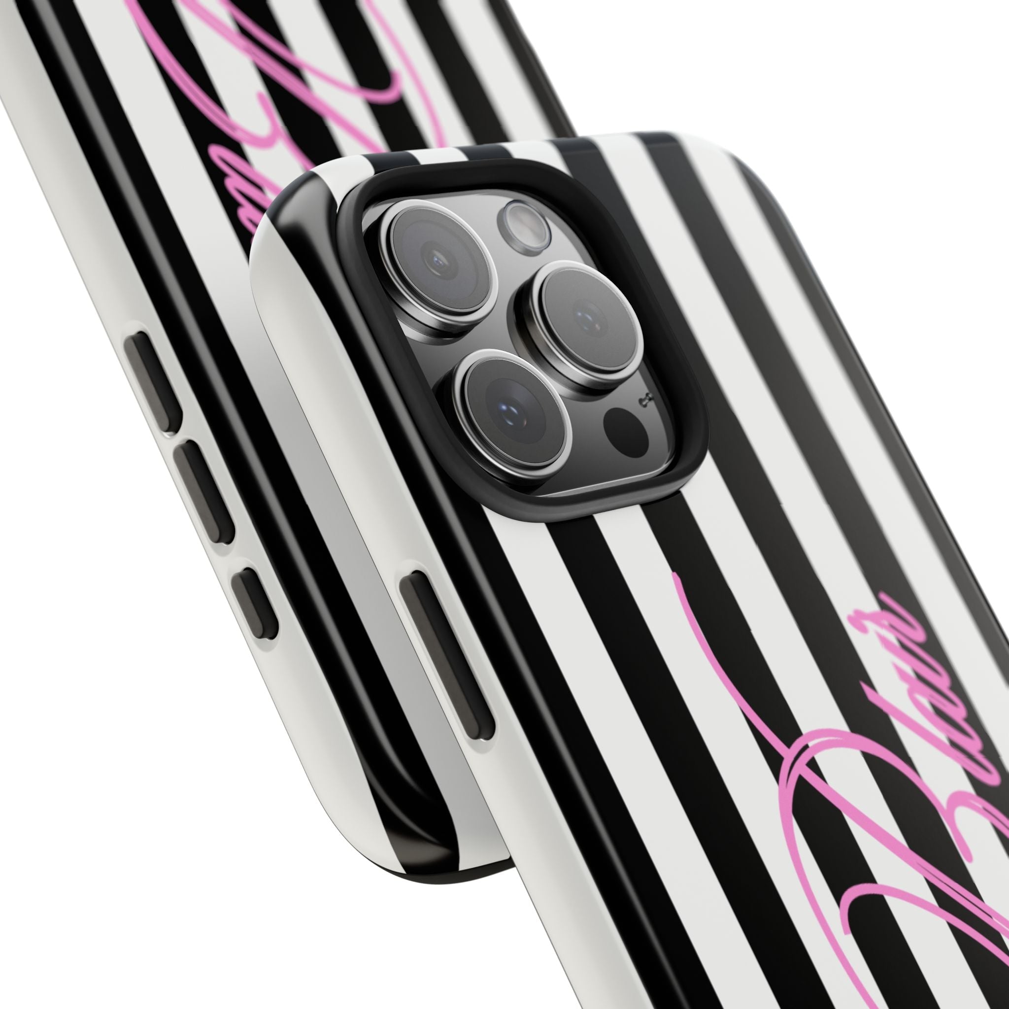 Diagonal view of black and white striped phone case with pink script, raised camera bump