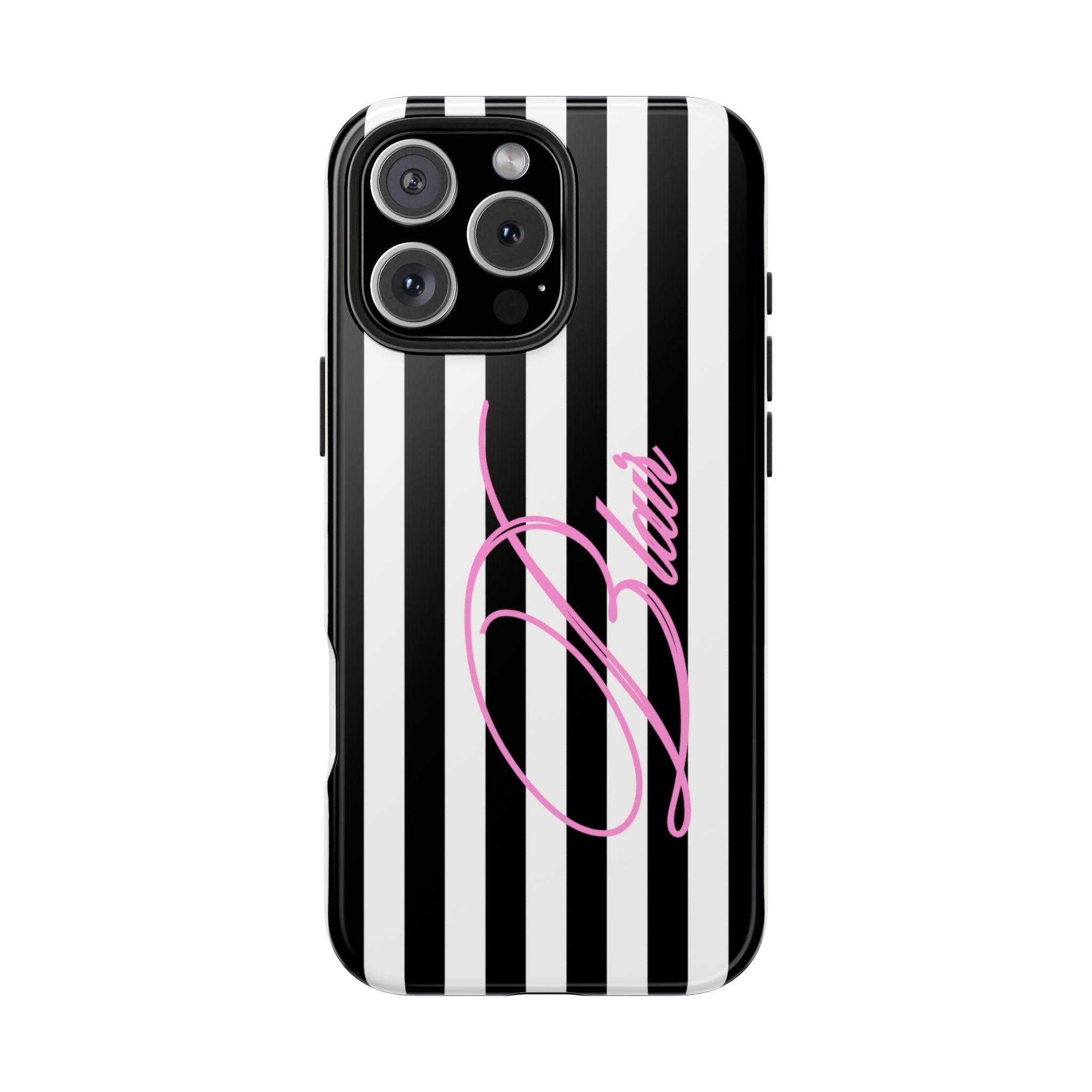 Black and white striped phone case with pink cursive text, camera lenses and cutout