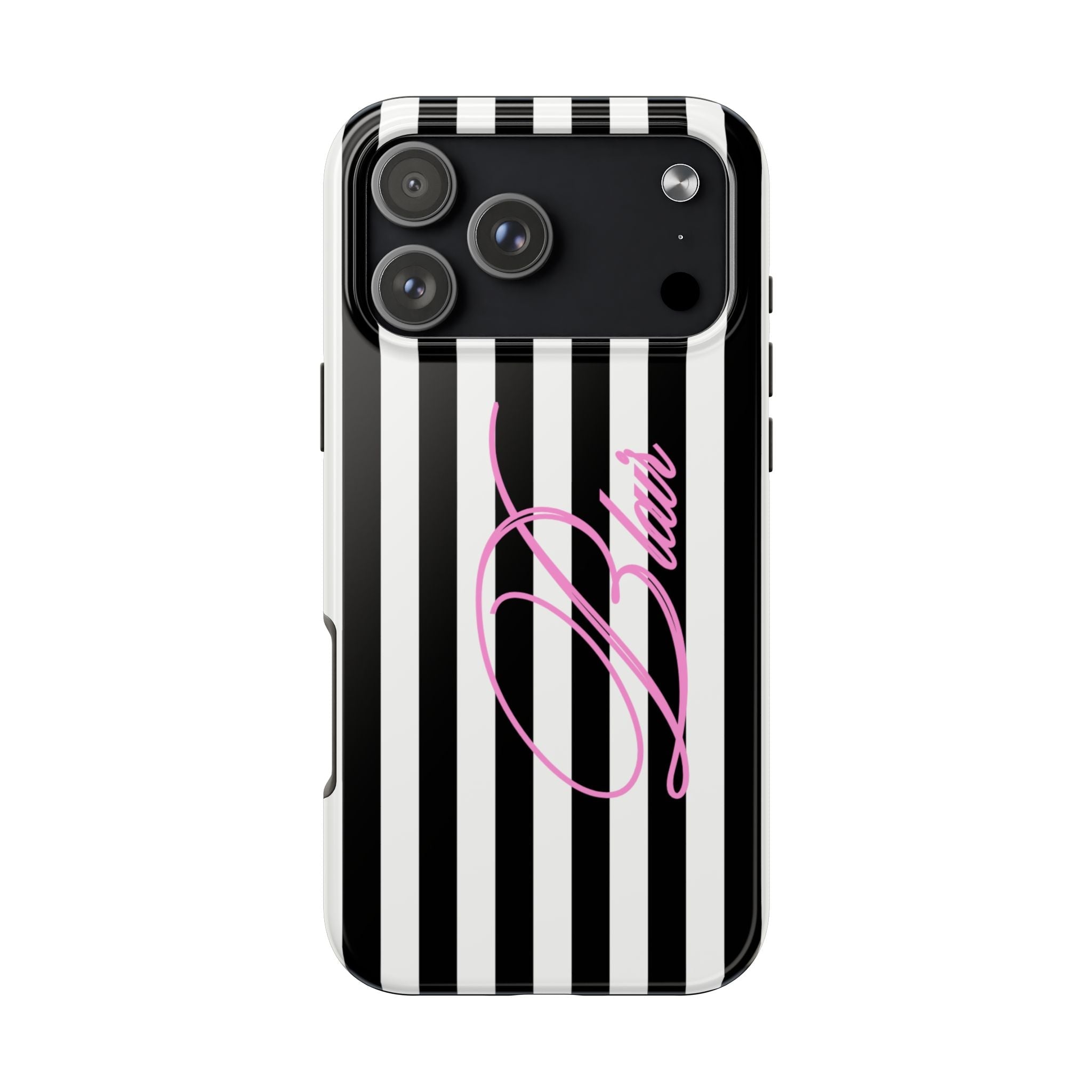 Black and white vertical striped phone case with pink script on back, camera cutouts