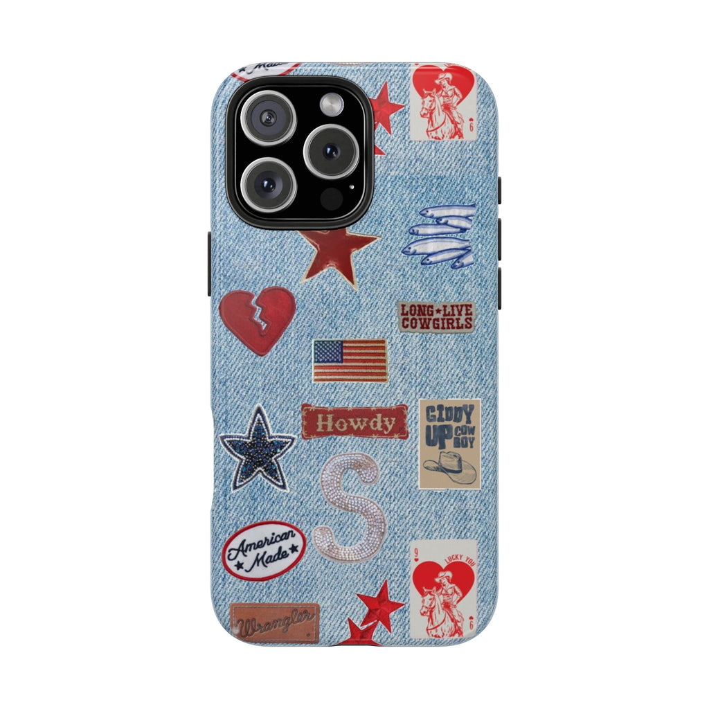 Denim Americana phone case with cowboy-style patches, red stars and front camera cutout