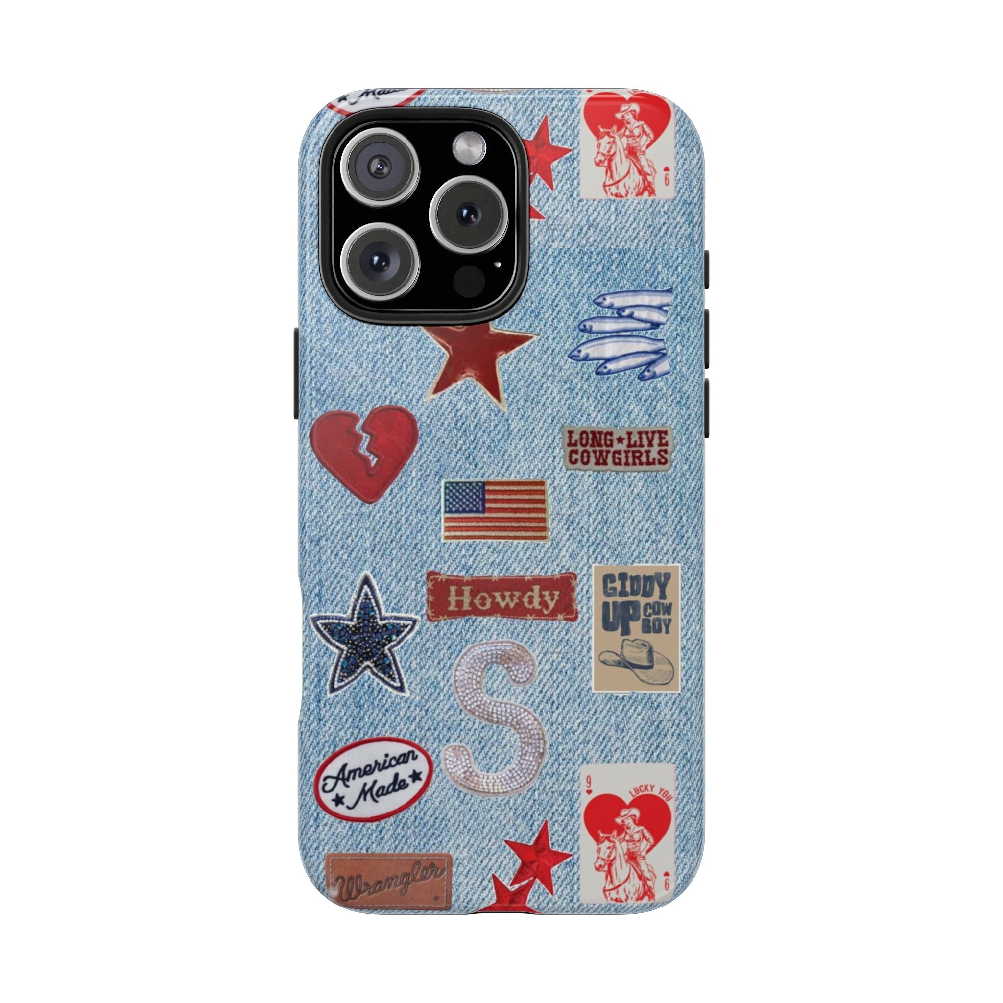 Denim Americana phone case with cowboy-style patches, red stars and front camera cutout