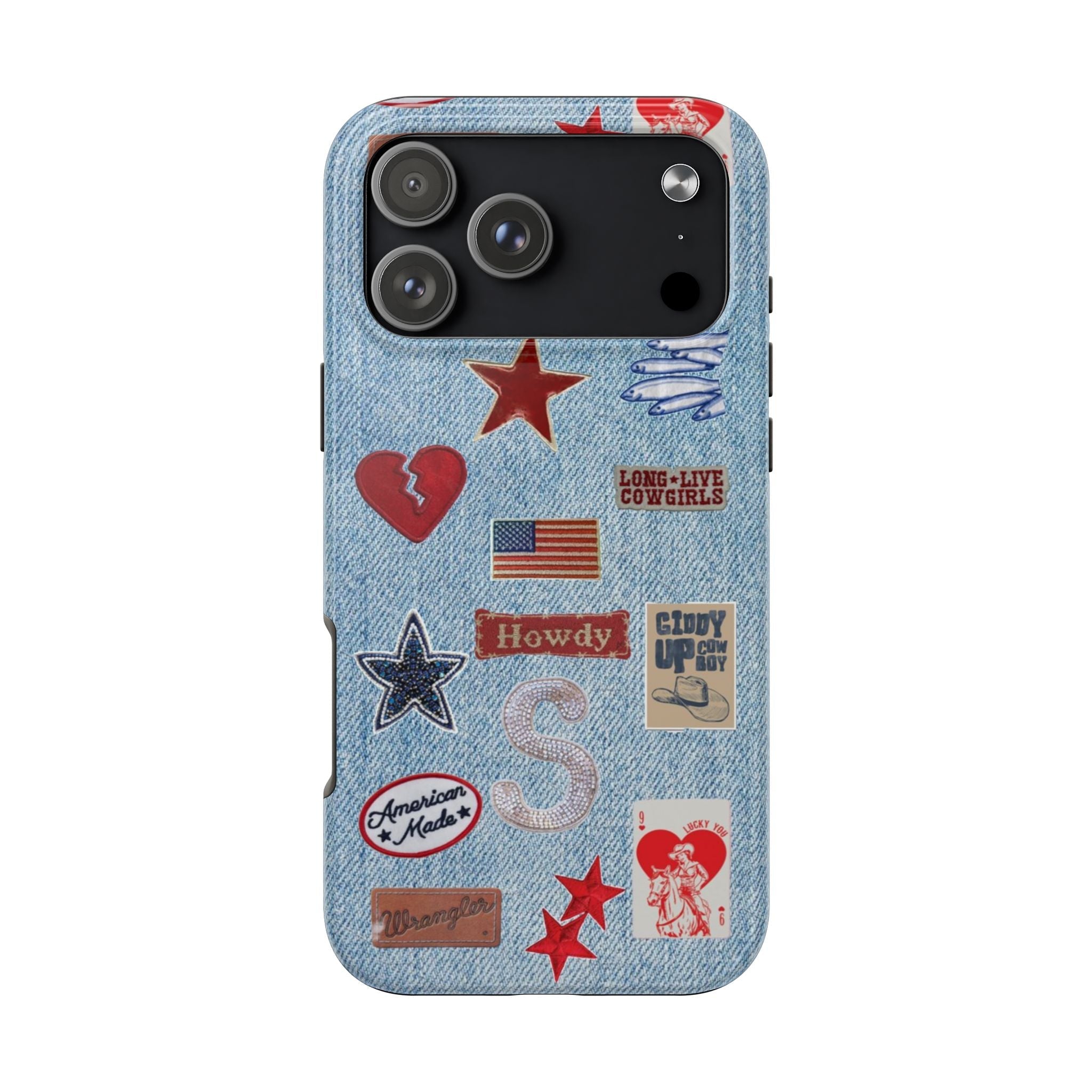 Denim Americana phone case with red stars, hearts, flag patch and custom letters