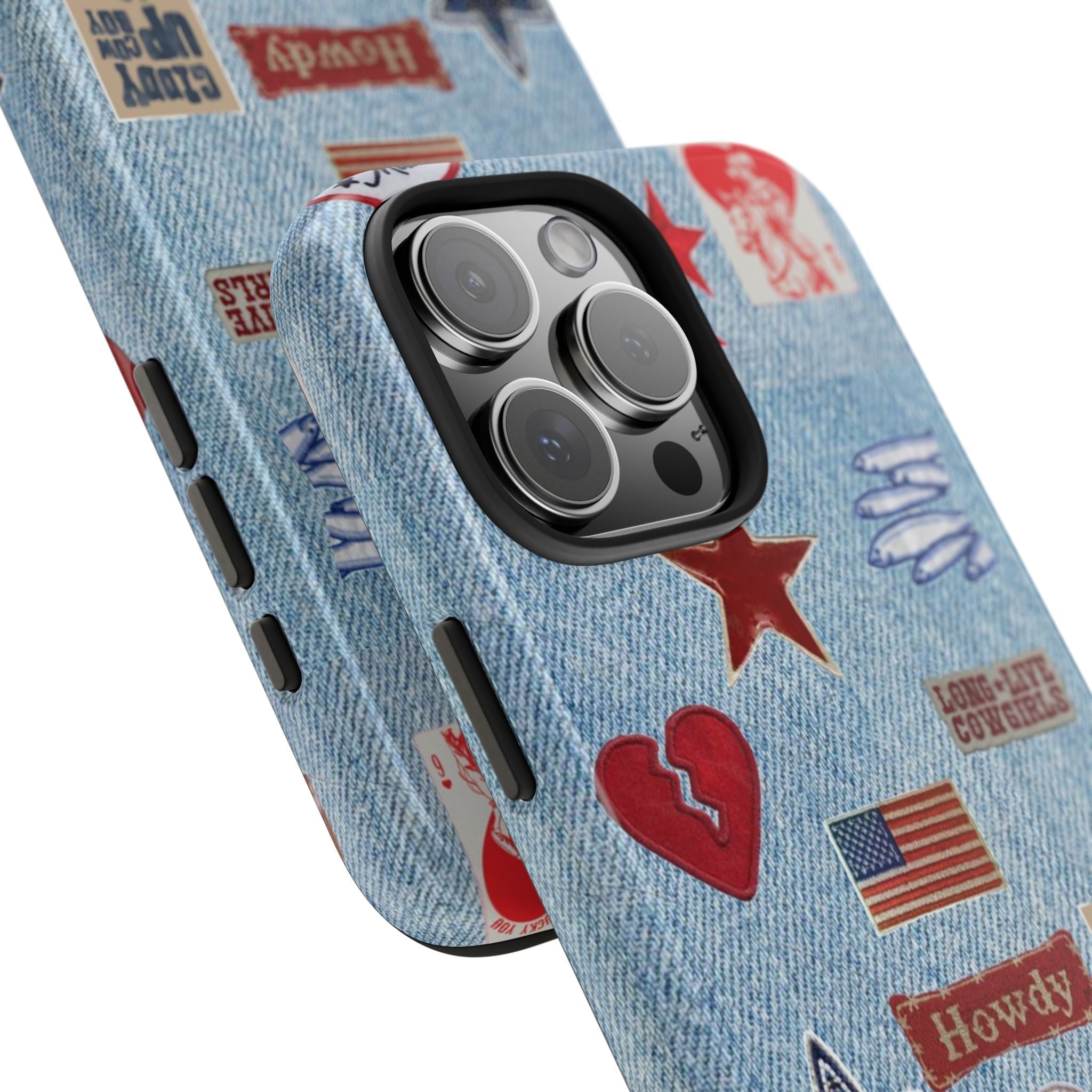 Denim Americana phone case showing raised camera lenses and side button cutouts