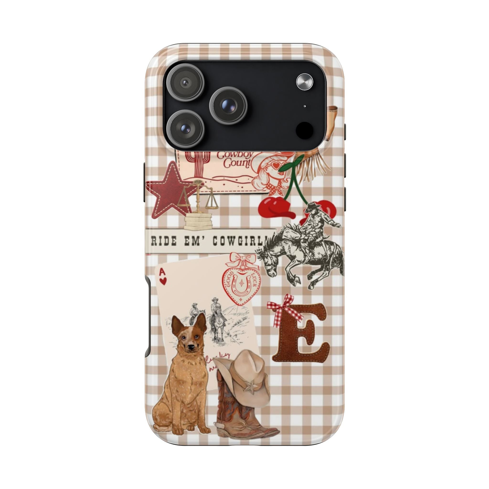 Front view phone case with tan/white gingham pattern, cowgirl collage, and letter E