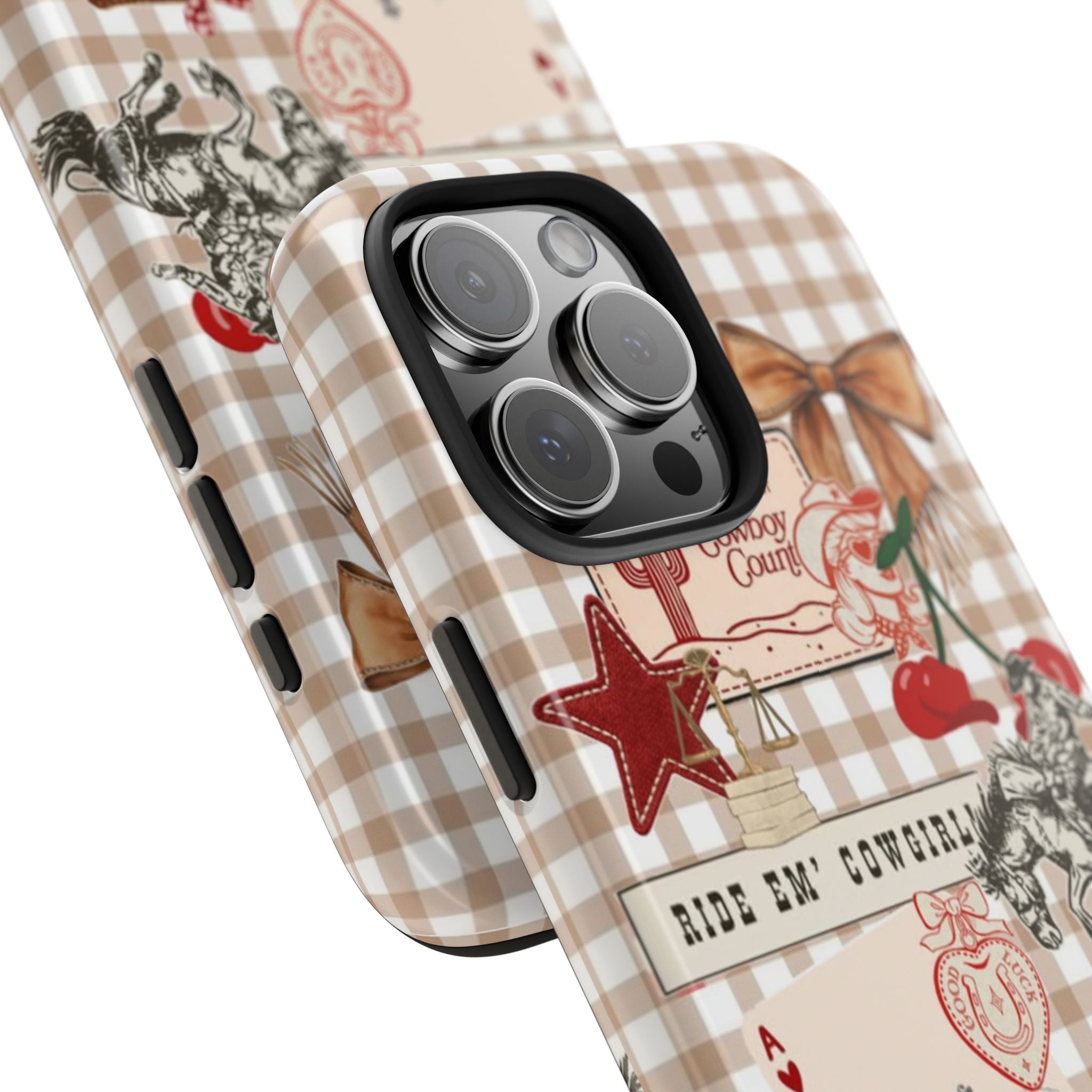 Angled view of tan and white gingham phone case with cowgirl graphics and red star