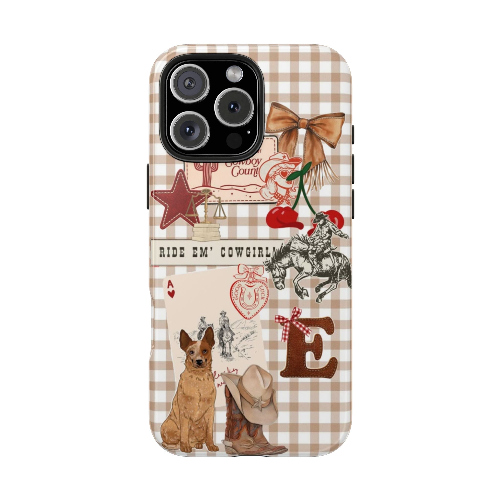Tan and white gingham phone case with cowgirl scene and large letter E