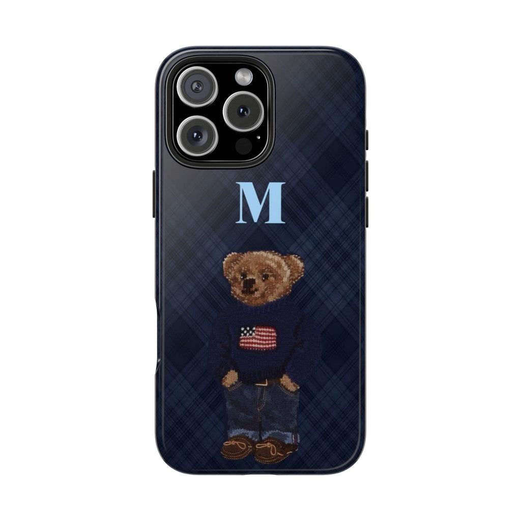 Navy plaid phone case with embroidered teddy bear, U.S. flag and initial M