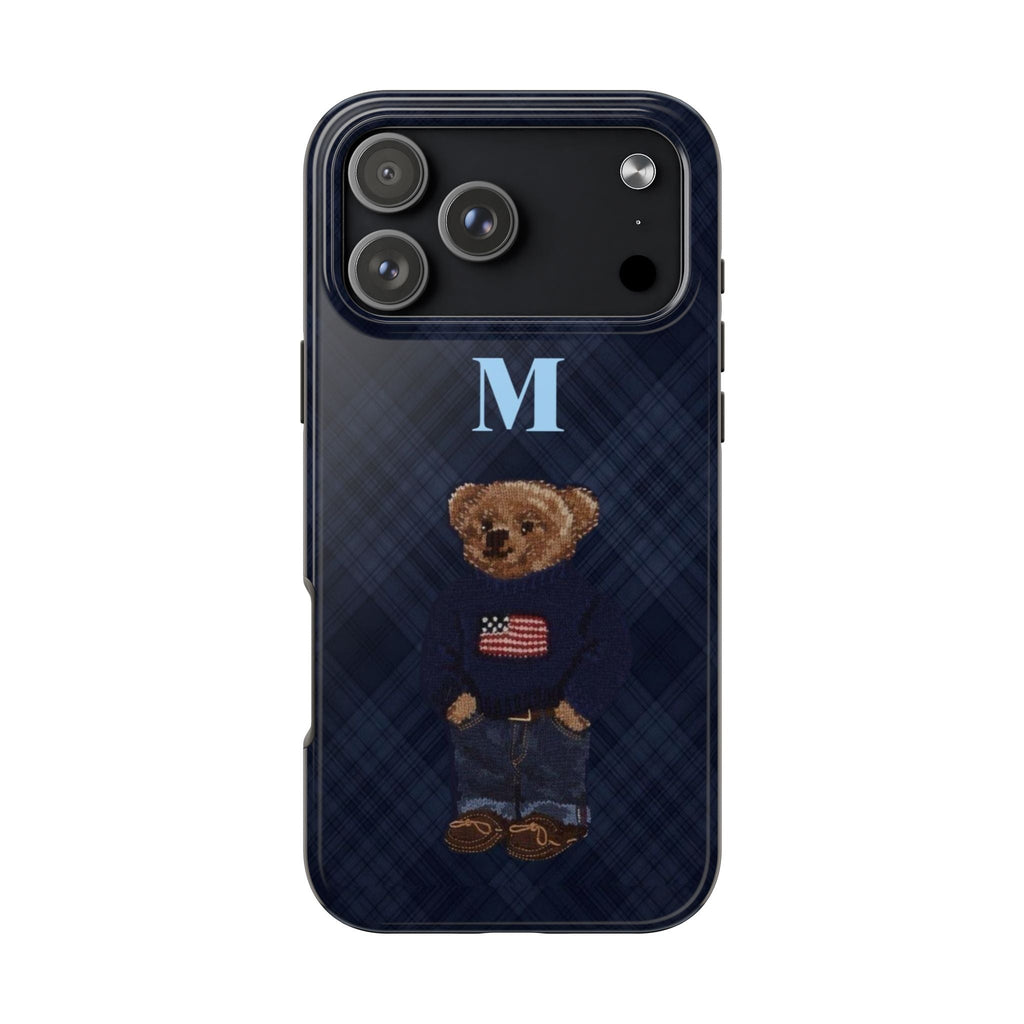 Navy plaid phone case with embroidered teddy bear figure and initial M on back