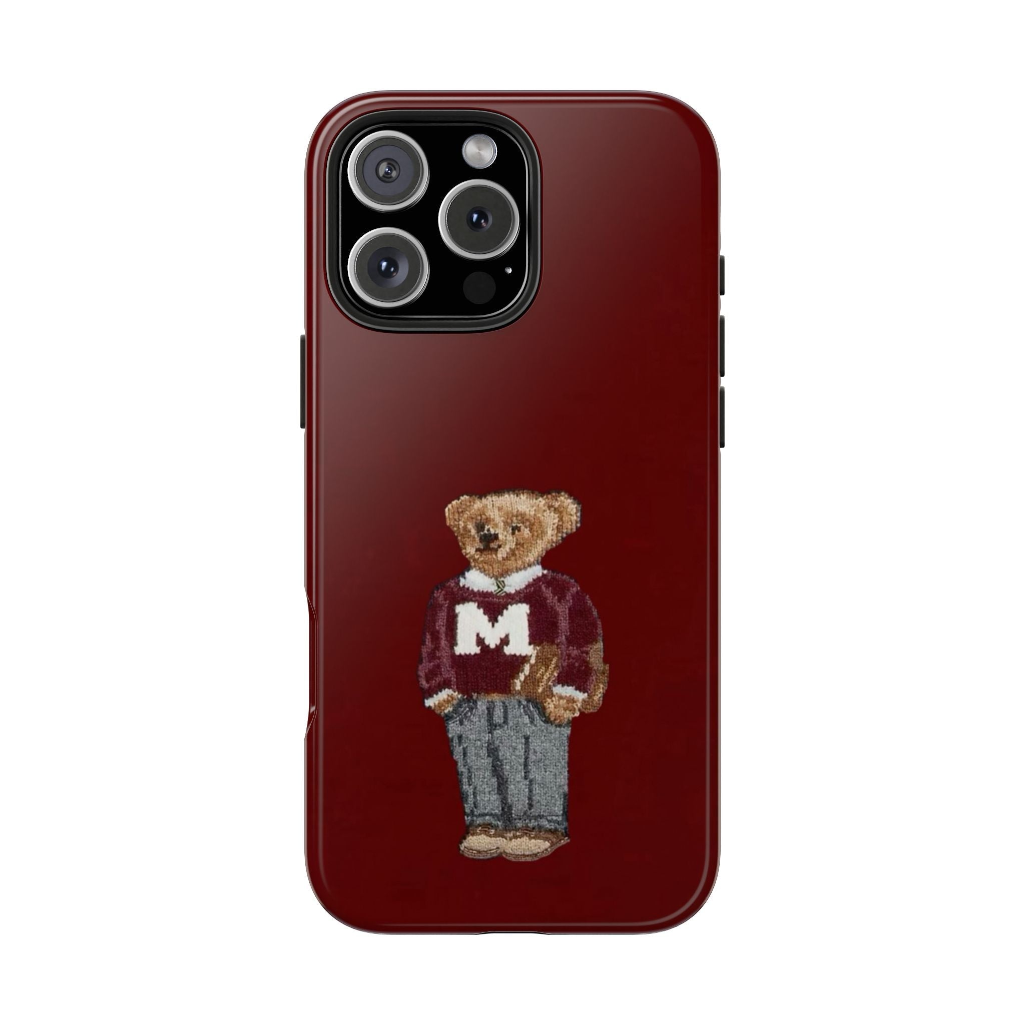 Red phone case with embroidered teddy bear rugby initial M on front