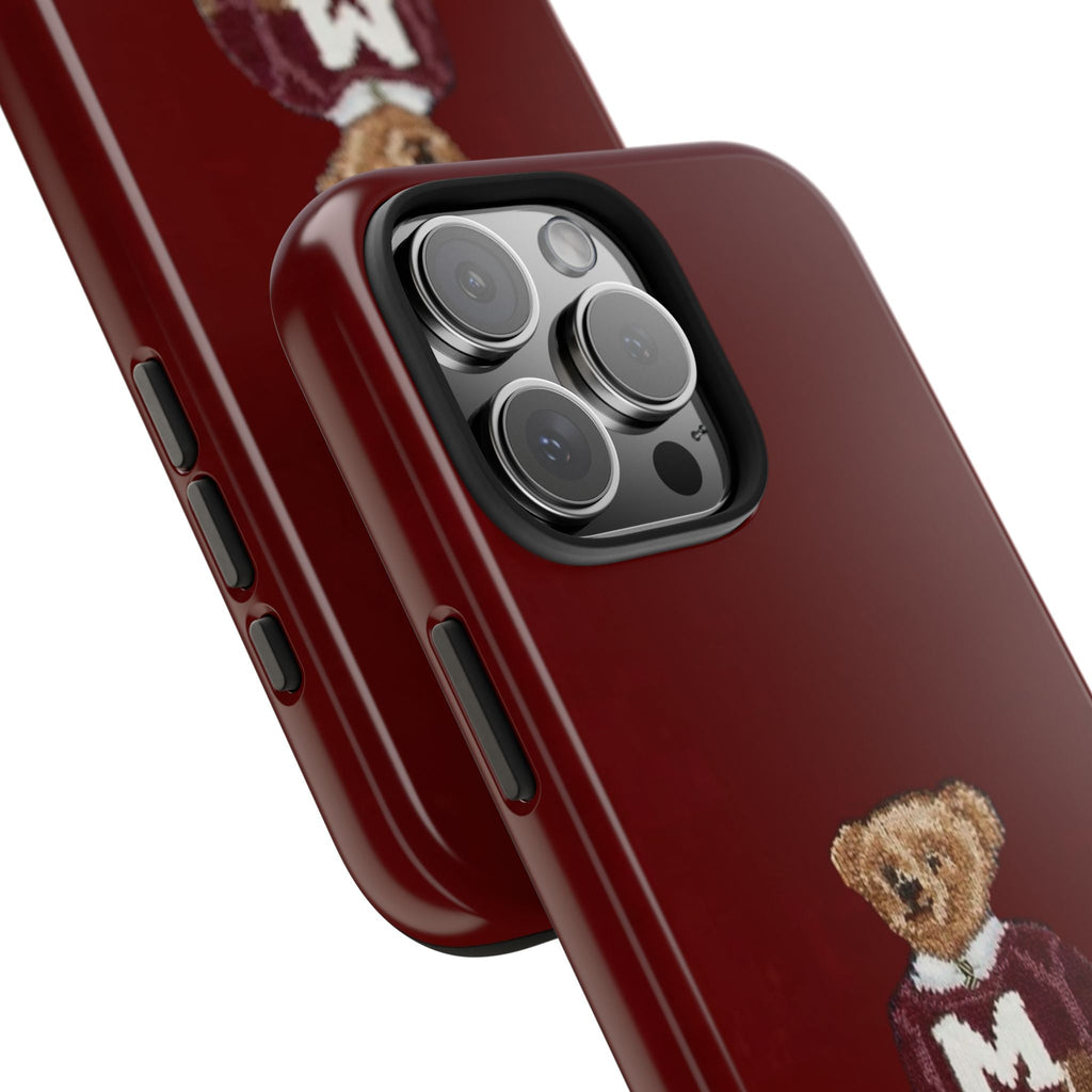 Red phone case side view with rugby teddy initial M and raised camera bump