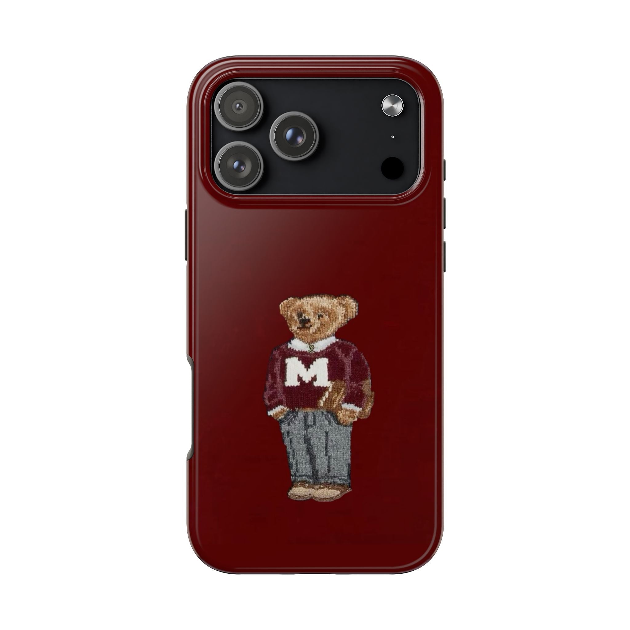 Red phone case with teddy bear rugby initial M, centered on back