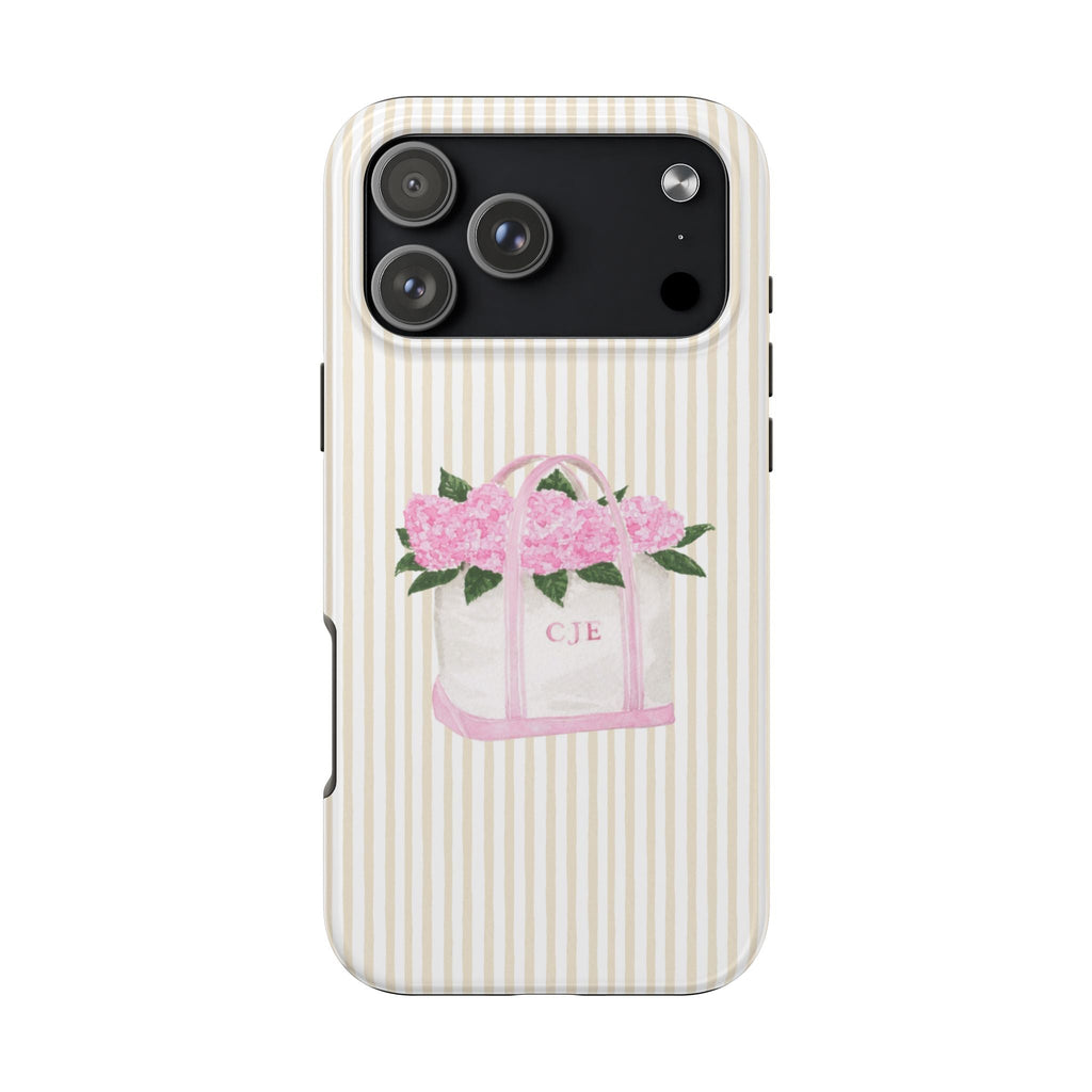 Cream striped phone case with pink flower gift bag design and initials CJE on front