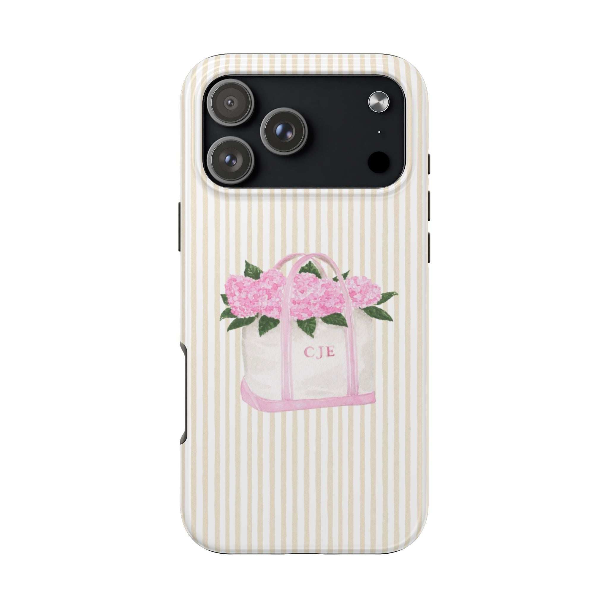 Cream striped phone case with pink flower gift bag design and initials CJE on front