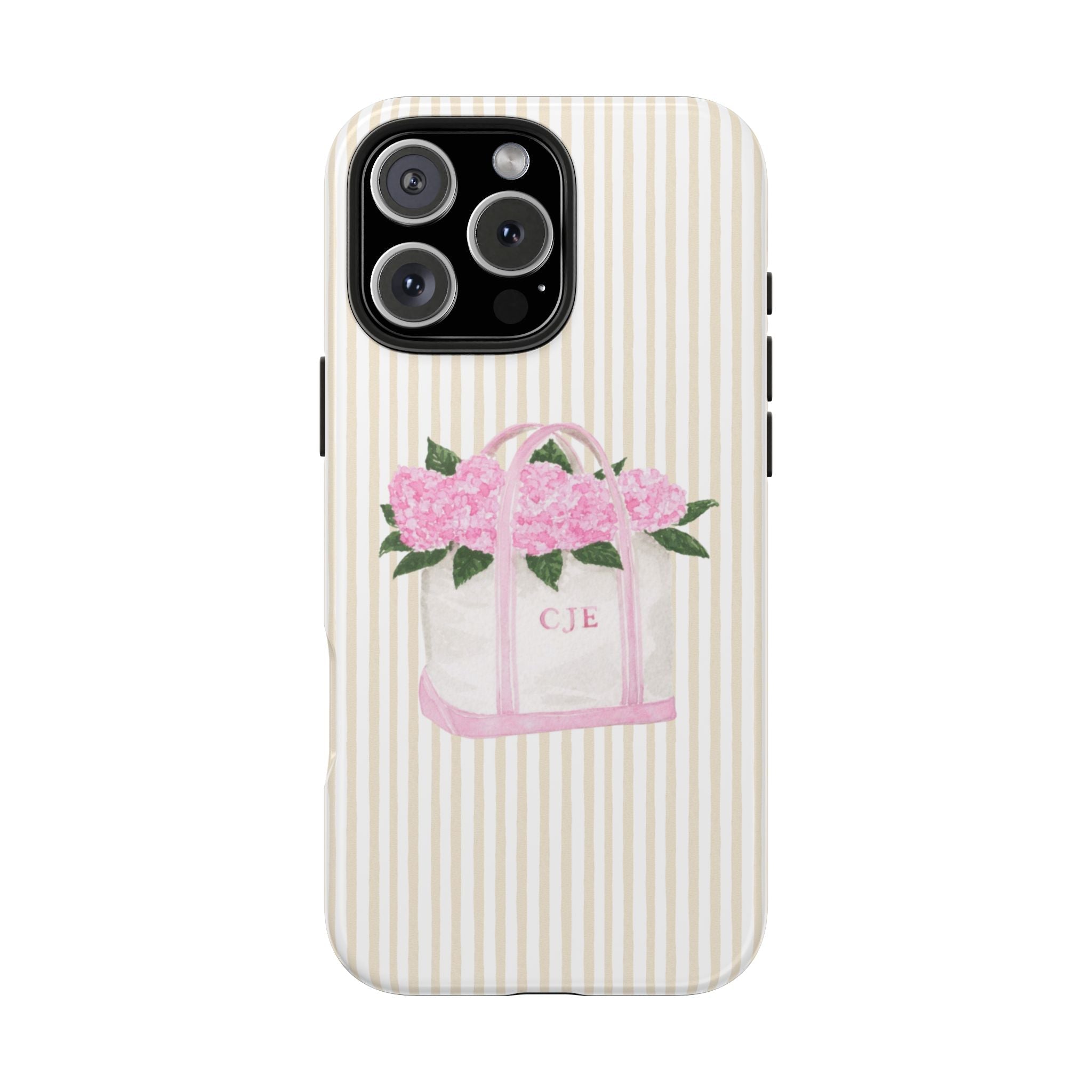 Cream phone case with vertical beige stripes, pink flower gift bag and initials CJE