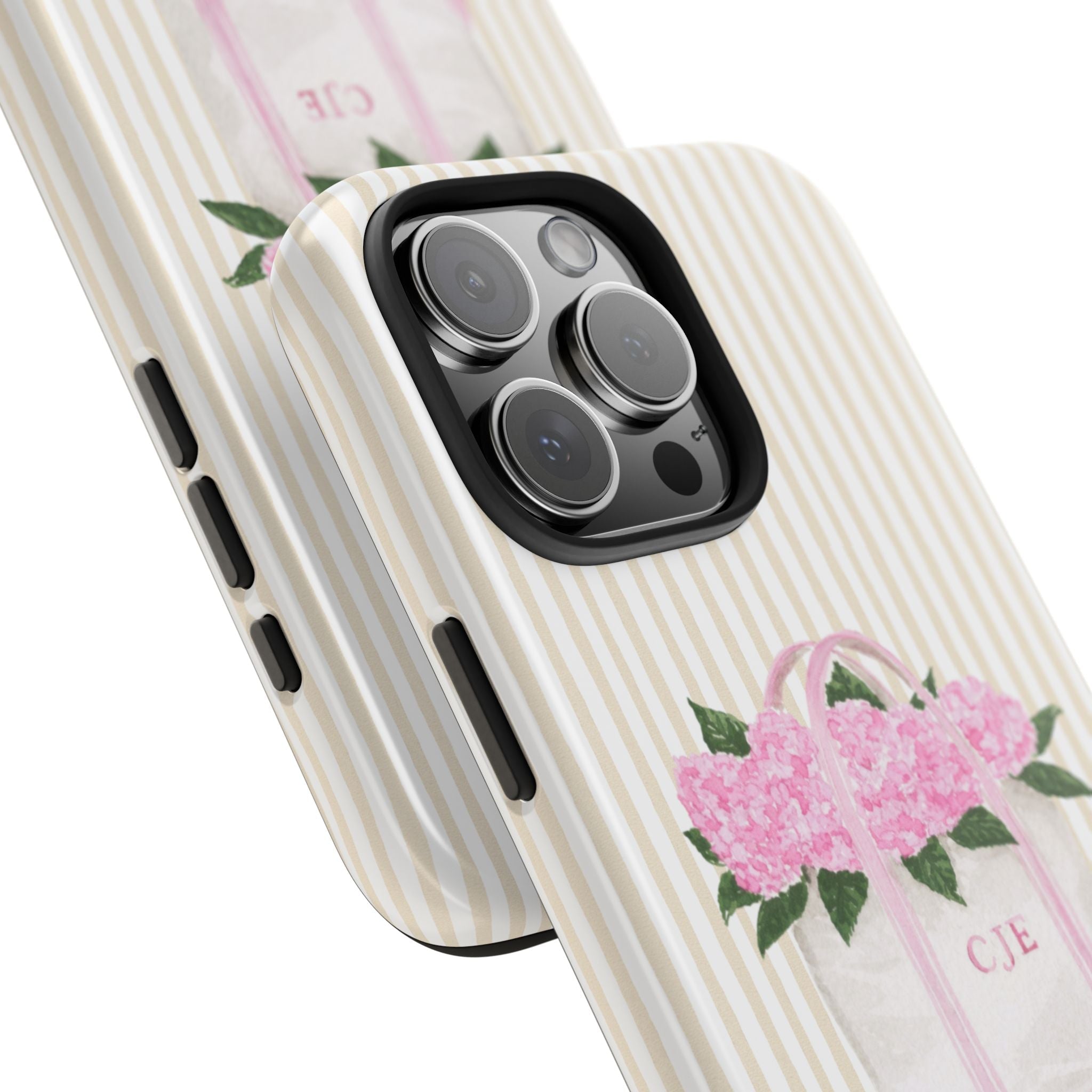Angled cream striped phone case featuring a pink flower bag graphic with initials CJE