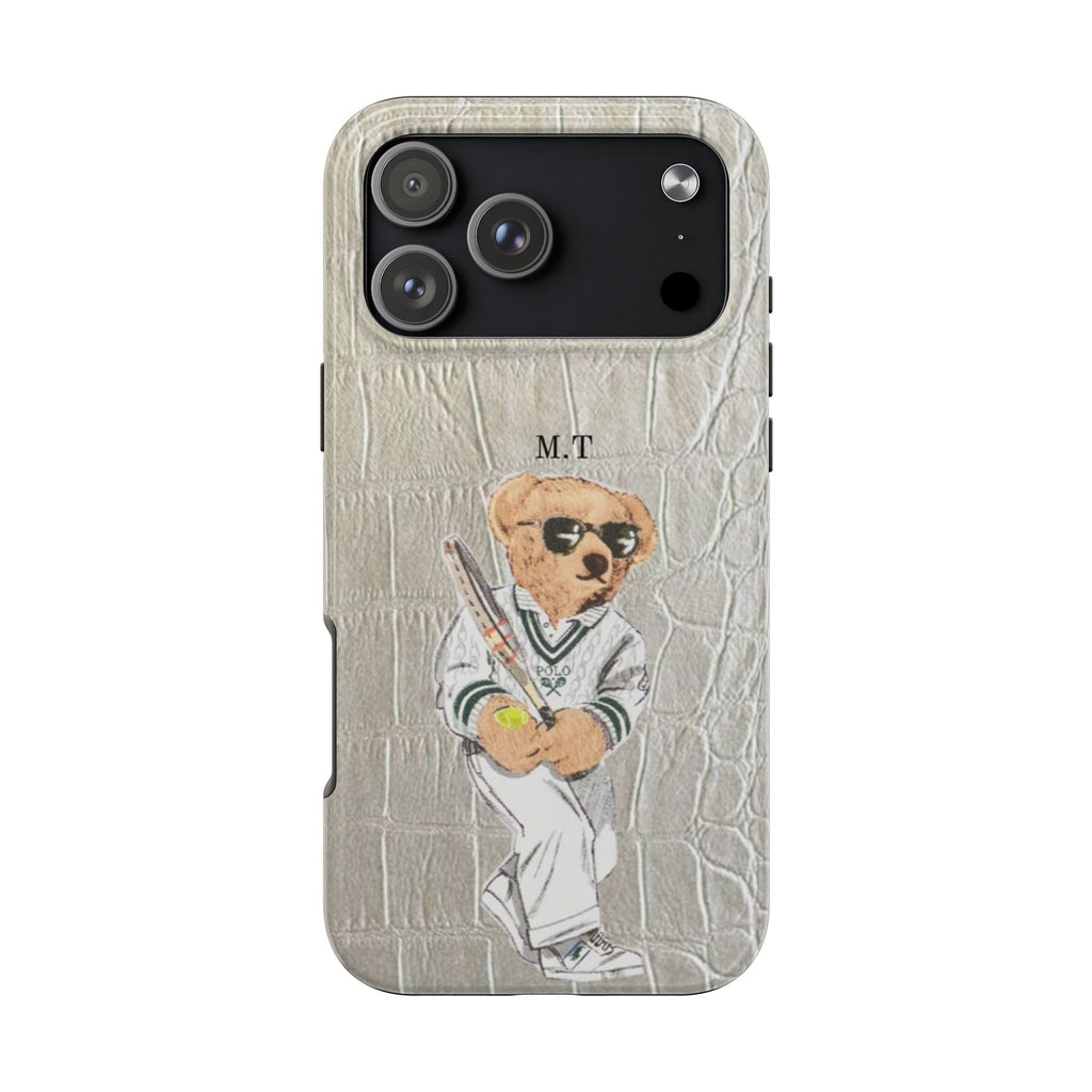 Beige crocodile-pattern phone case, teddy bear polo graphic centered with initials M.T.