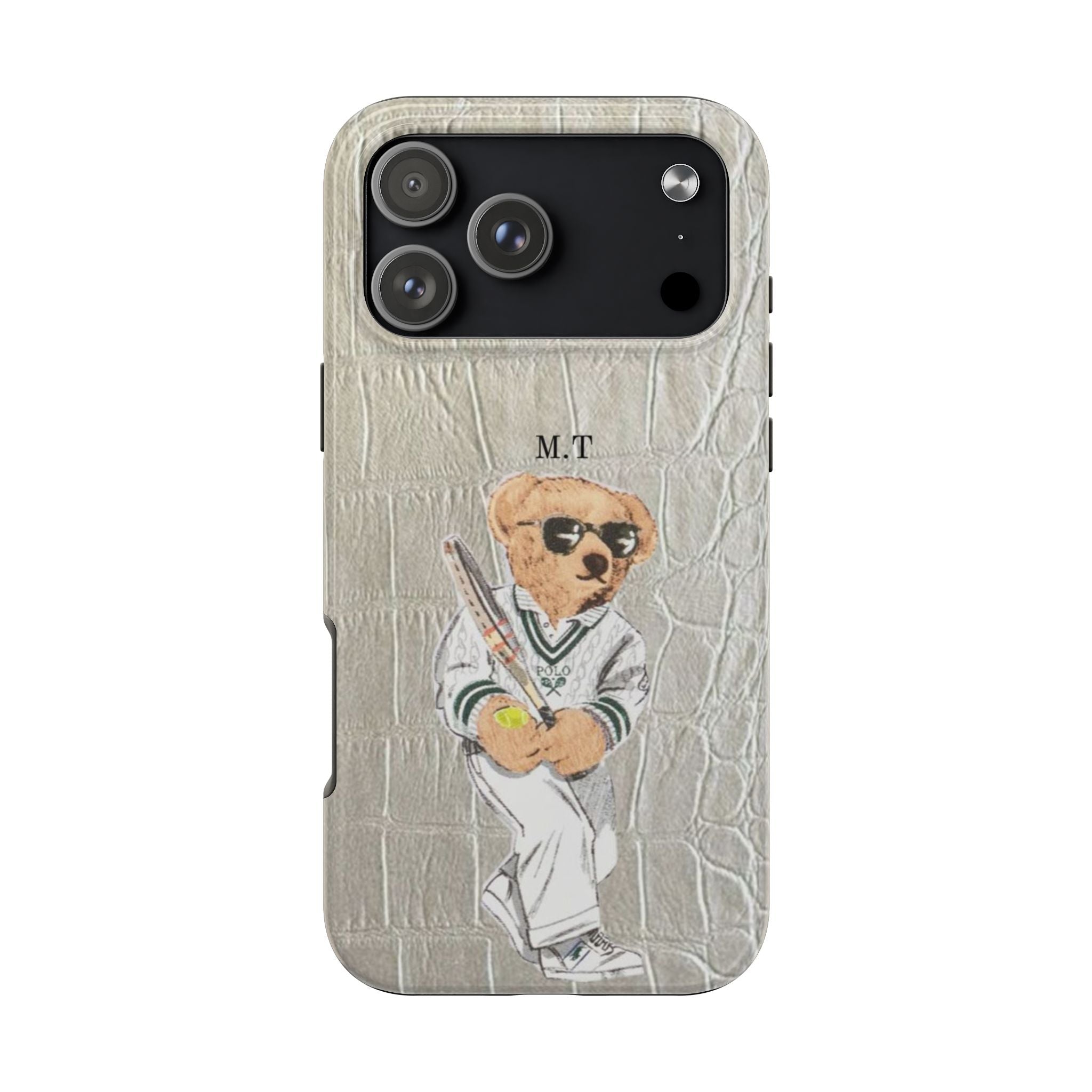 Beige crocodile-pattern phone case, teddy bear polo graphic centered with initials M.T.