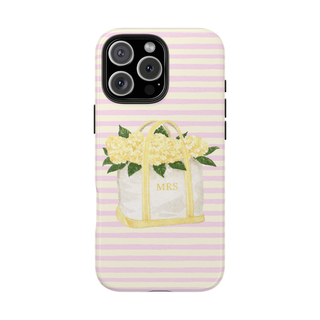 Phone case back: lavender and pale purple stripes, yellow bouquet tote with MRS