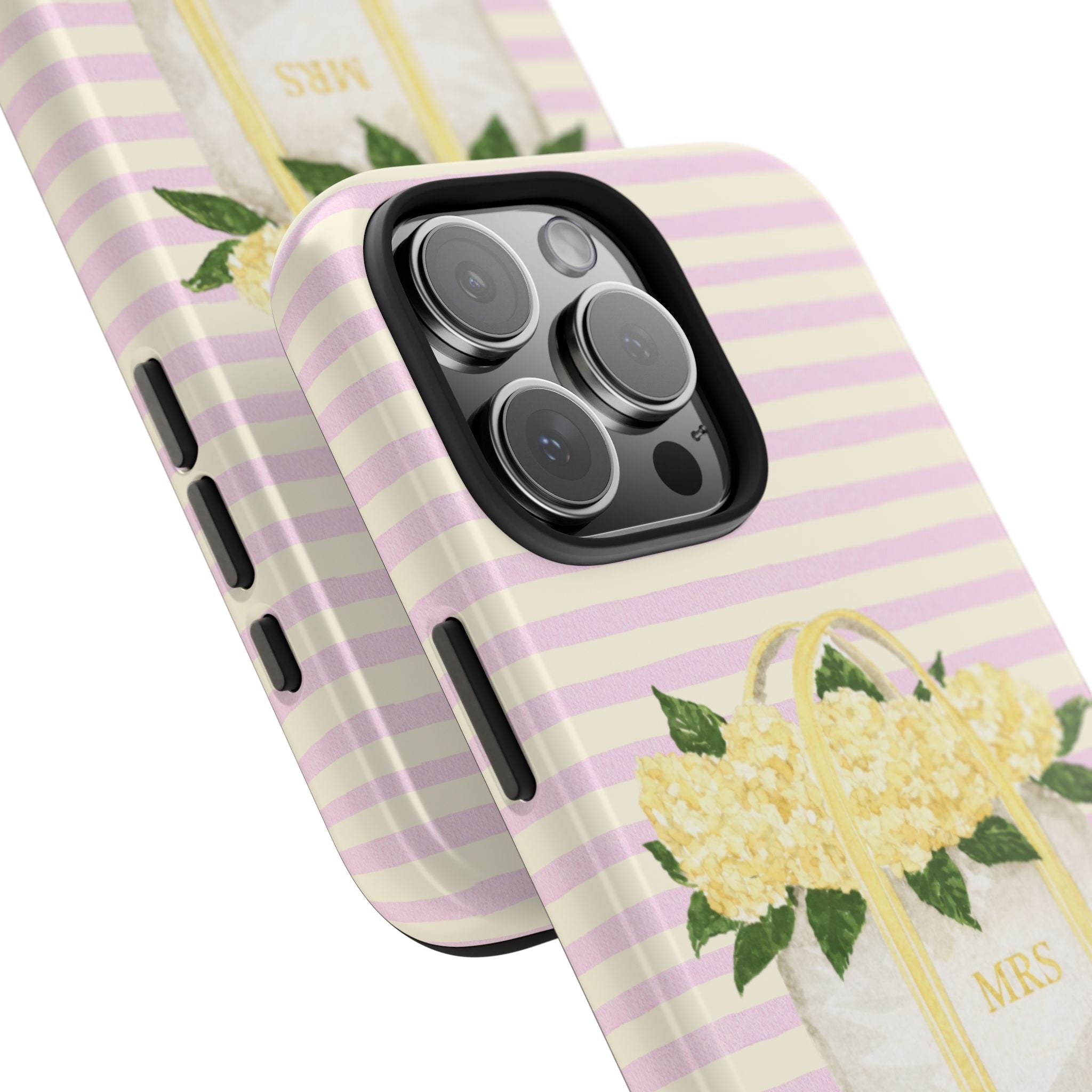 Angled phone case showing side cutout; lavender stripes with yellow flower tote, MRS