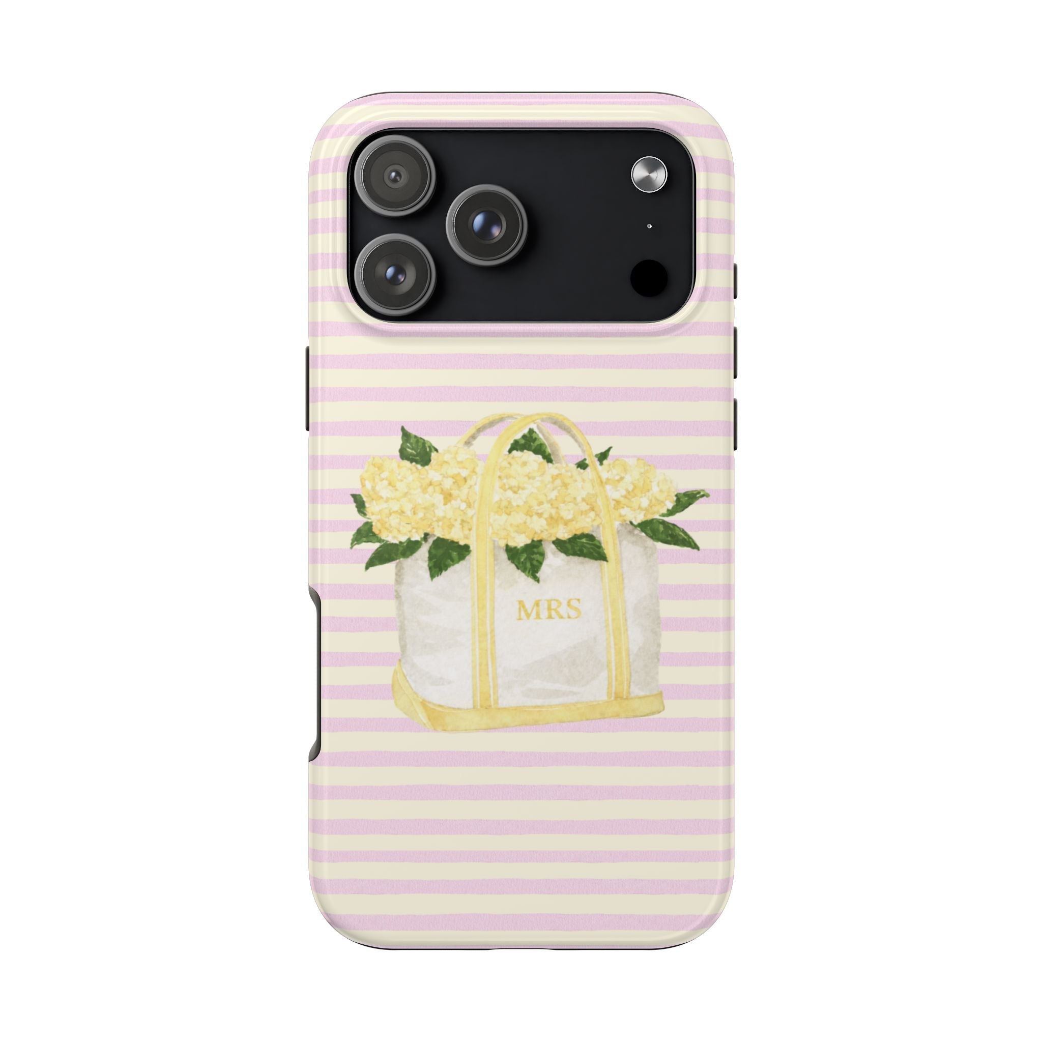 Phone case with lavender striped pattern and yellow flower tote bag, initials MRS