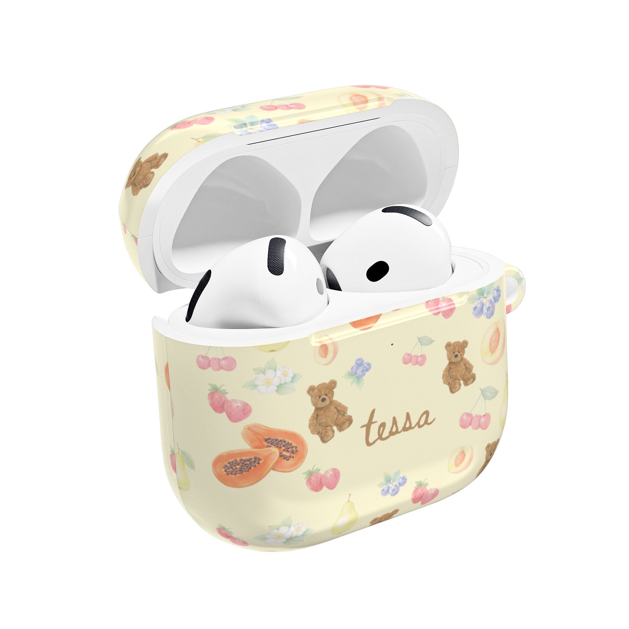 Personalized AirPods case, berry bear print with name “Tessa”, open