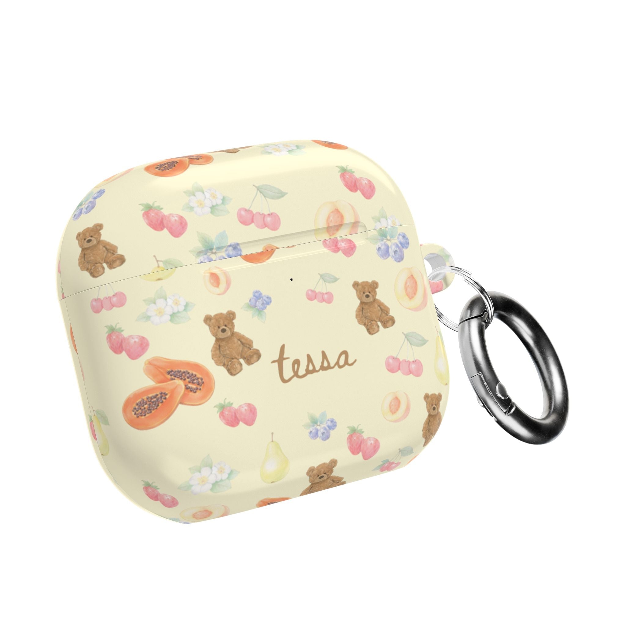 Personalized AirPods case, berry bear pattern with name Tessa, keyring side