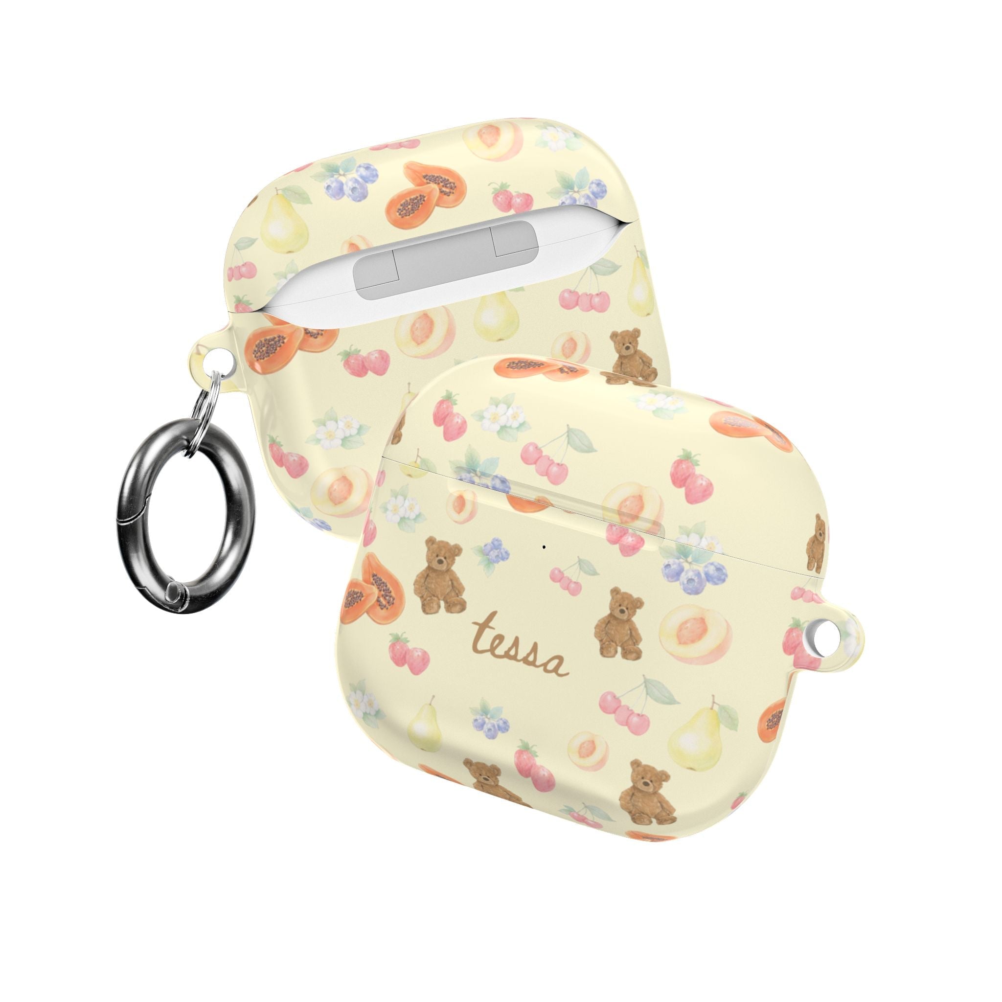 Personalized AirPods case, berry bear print with name Tessa and keyring