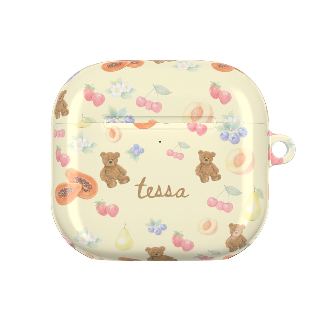 Personalized AirPods case front, berry bear pattern and name Tessa