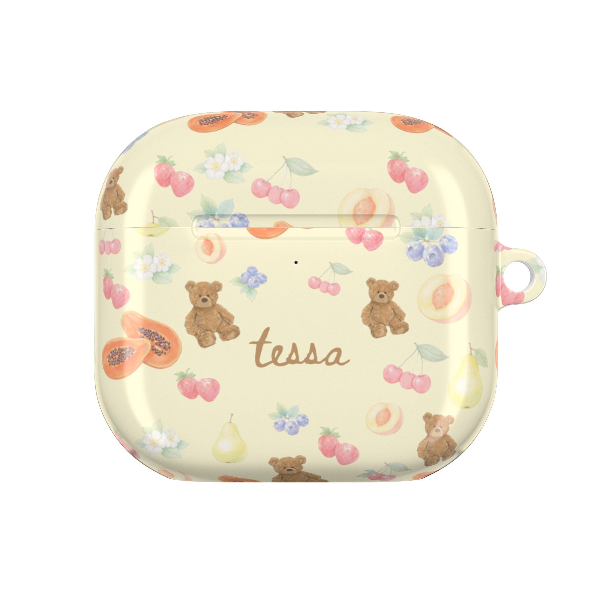 Personalized AirPods case front, berry bear pattern and name Tessa