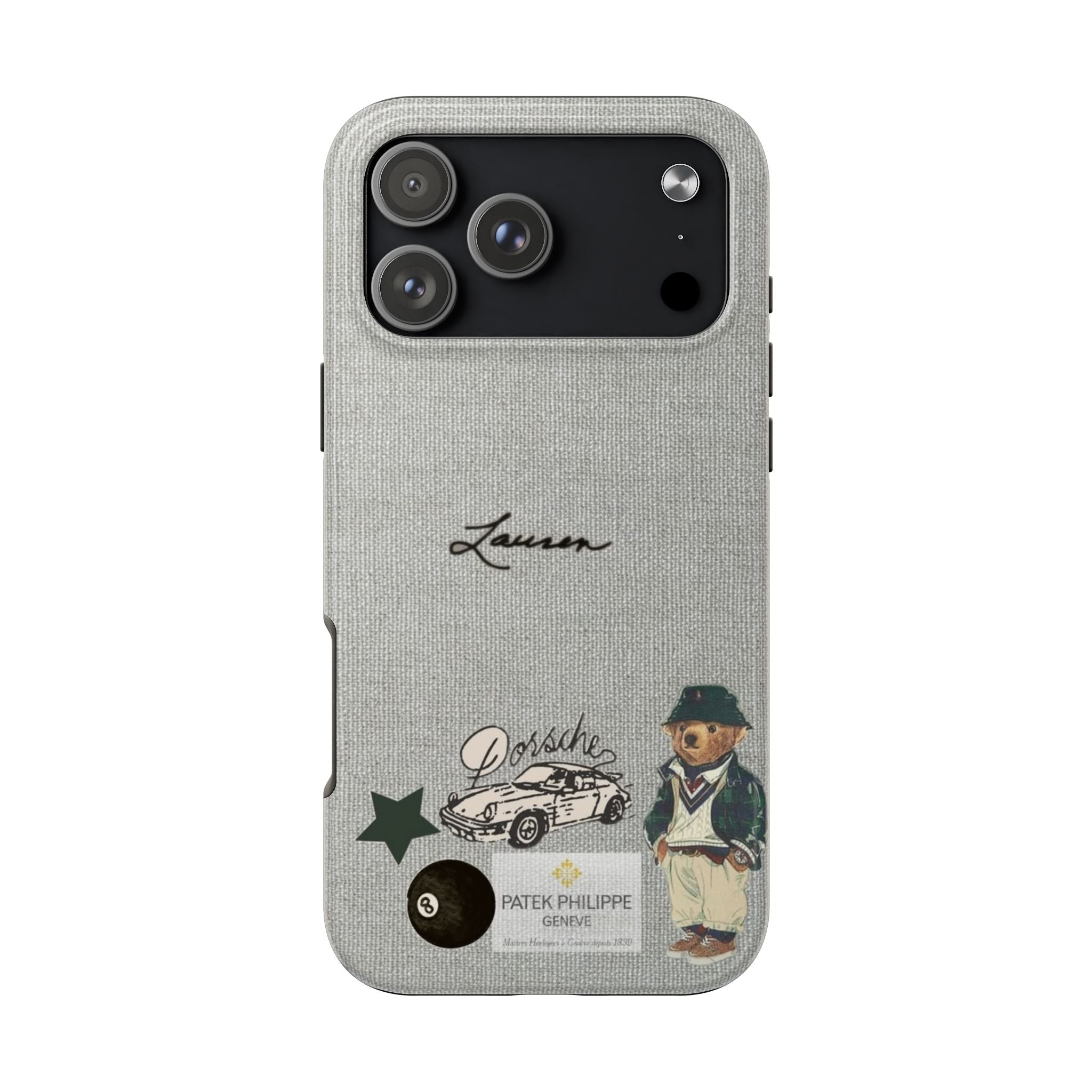 Gray textured case with teddy bear, star, and custom cursive name on back