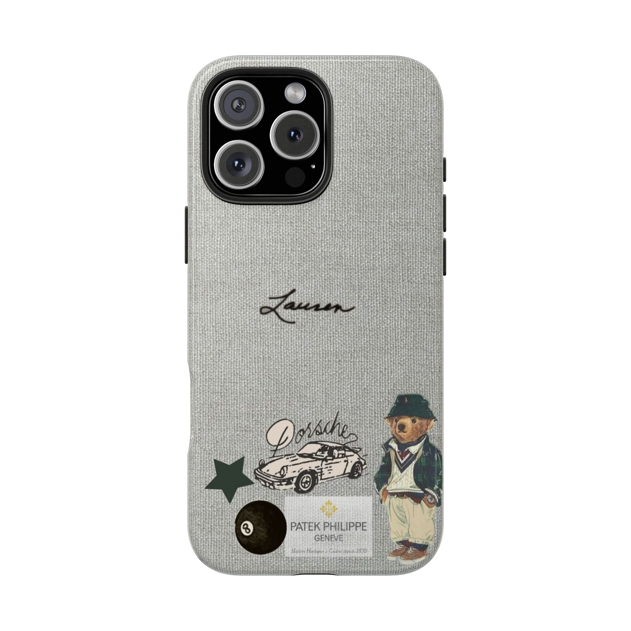 Gray textured phone case with teddy bear, car graphic, and cursive custom name