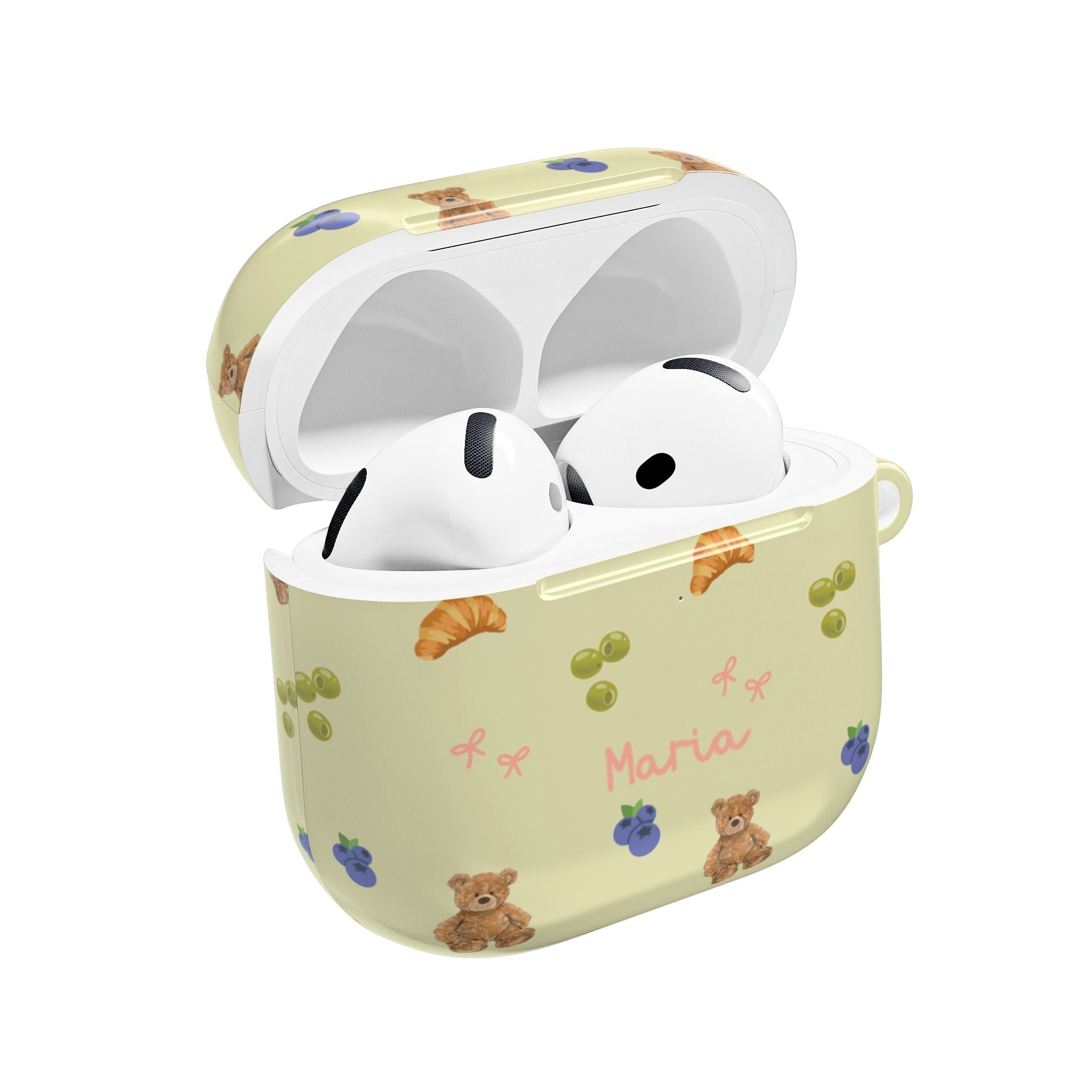 Olive AirPod case with bears, fruit icons, and “Maria” text; open with earbuds