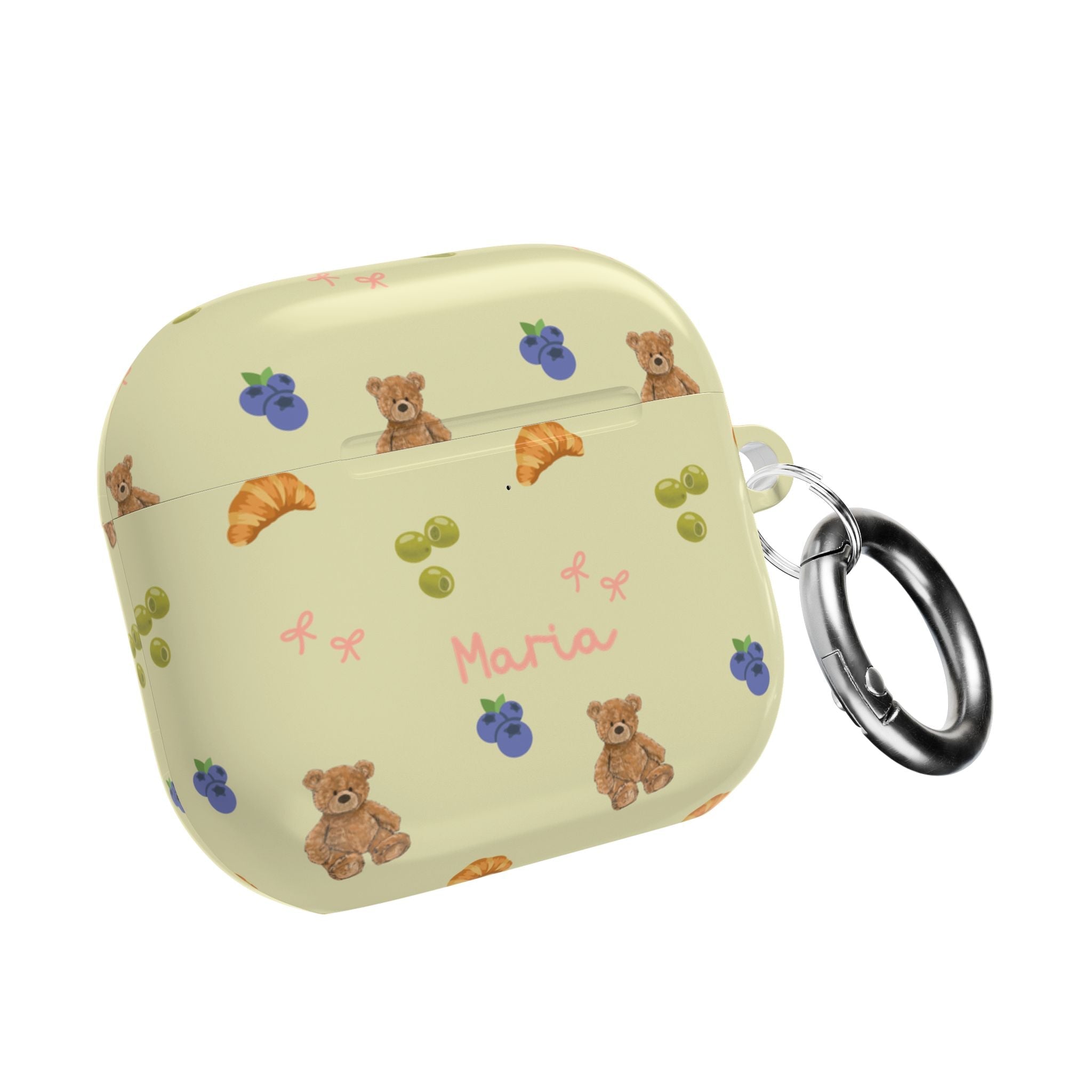 Olive AirPod case with bear and blueberry pattern, “Maria” name, metal key ring
