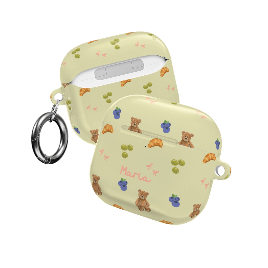Olive AirPod case pattern with bears and “Maria”; front/side view with key ring