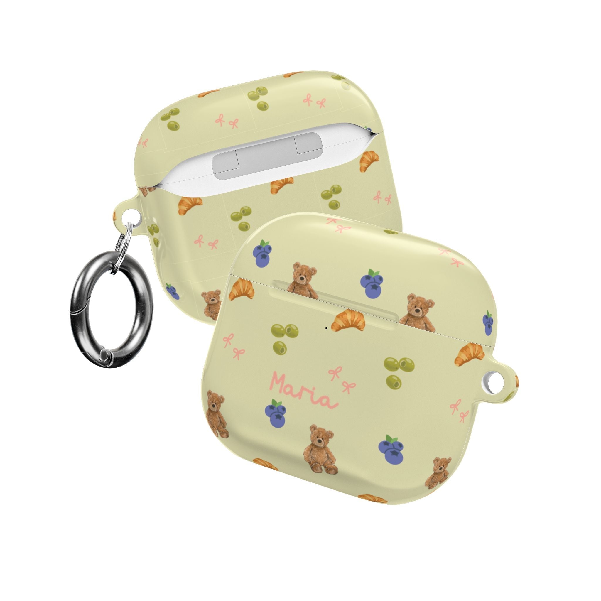 Olive AirPod case pattern with bears and “Maria”; front/side view with key ring
