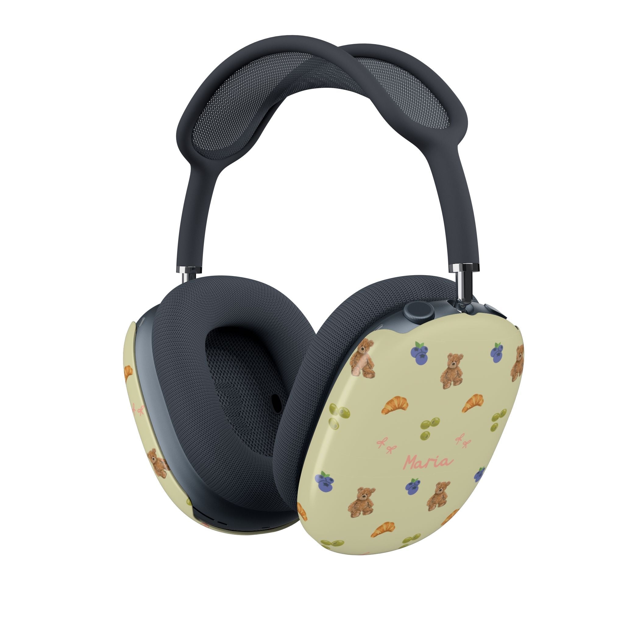 AirPods Max case covers: teddy bear and flower print, “Maria” on pale olive ear cups