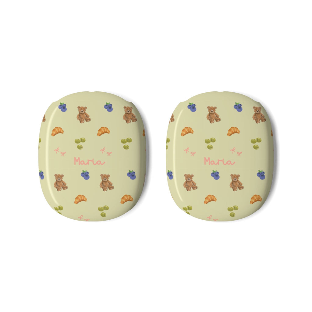 AirPods Max case covers with teddy bear/flower print on pale olive back panels, “Maria”