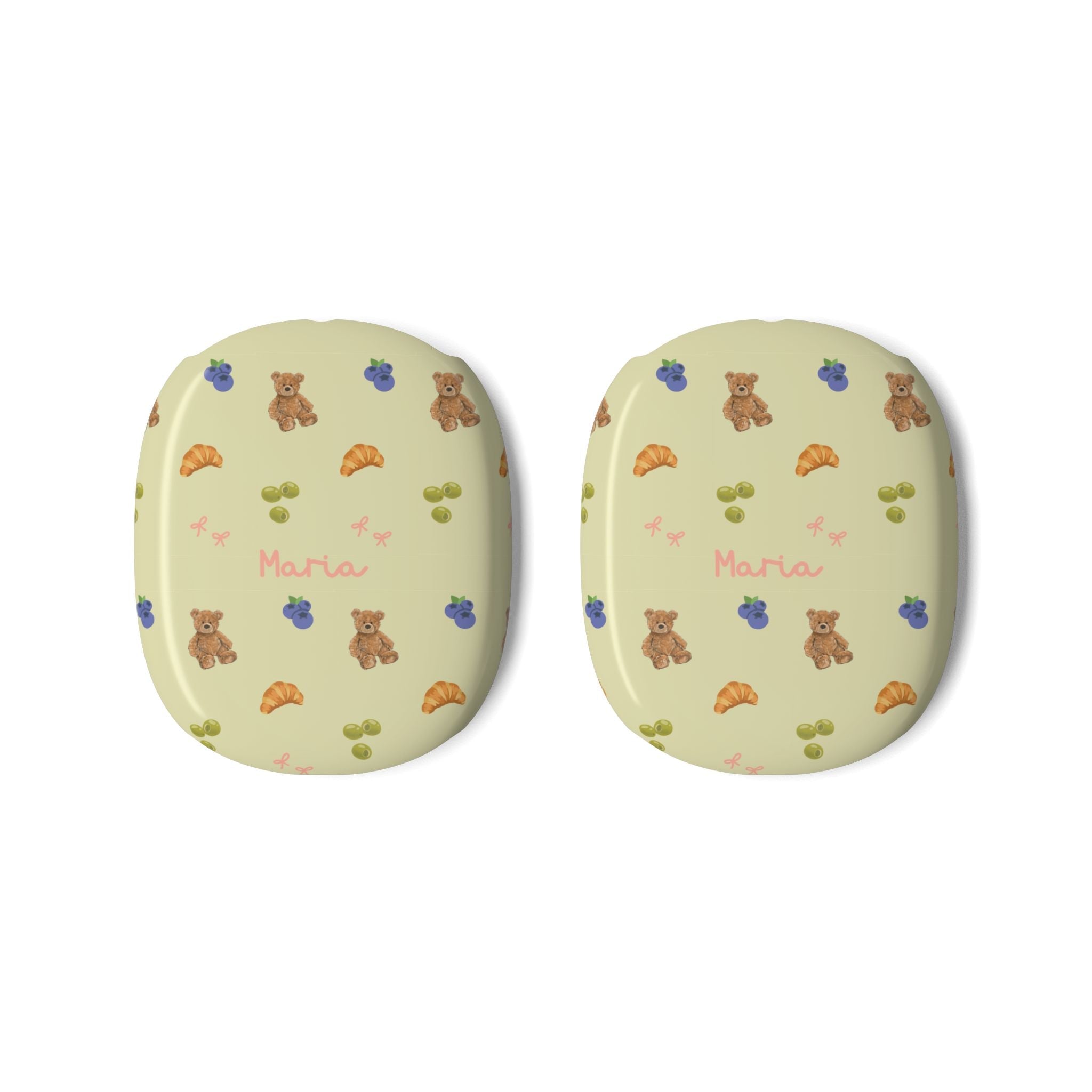 AirPods Max case covers with teddy bear/flower print on pale olive back panels, “Maria”