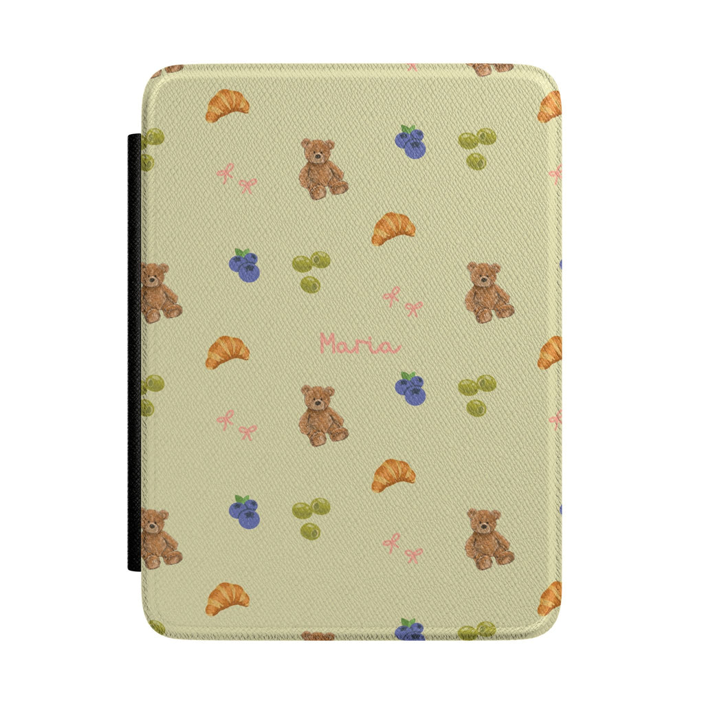 Olive Kindle hardcover case with teddy bears, paw prints, and custom name text