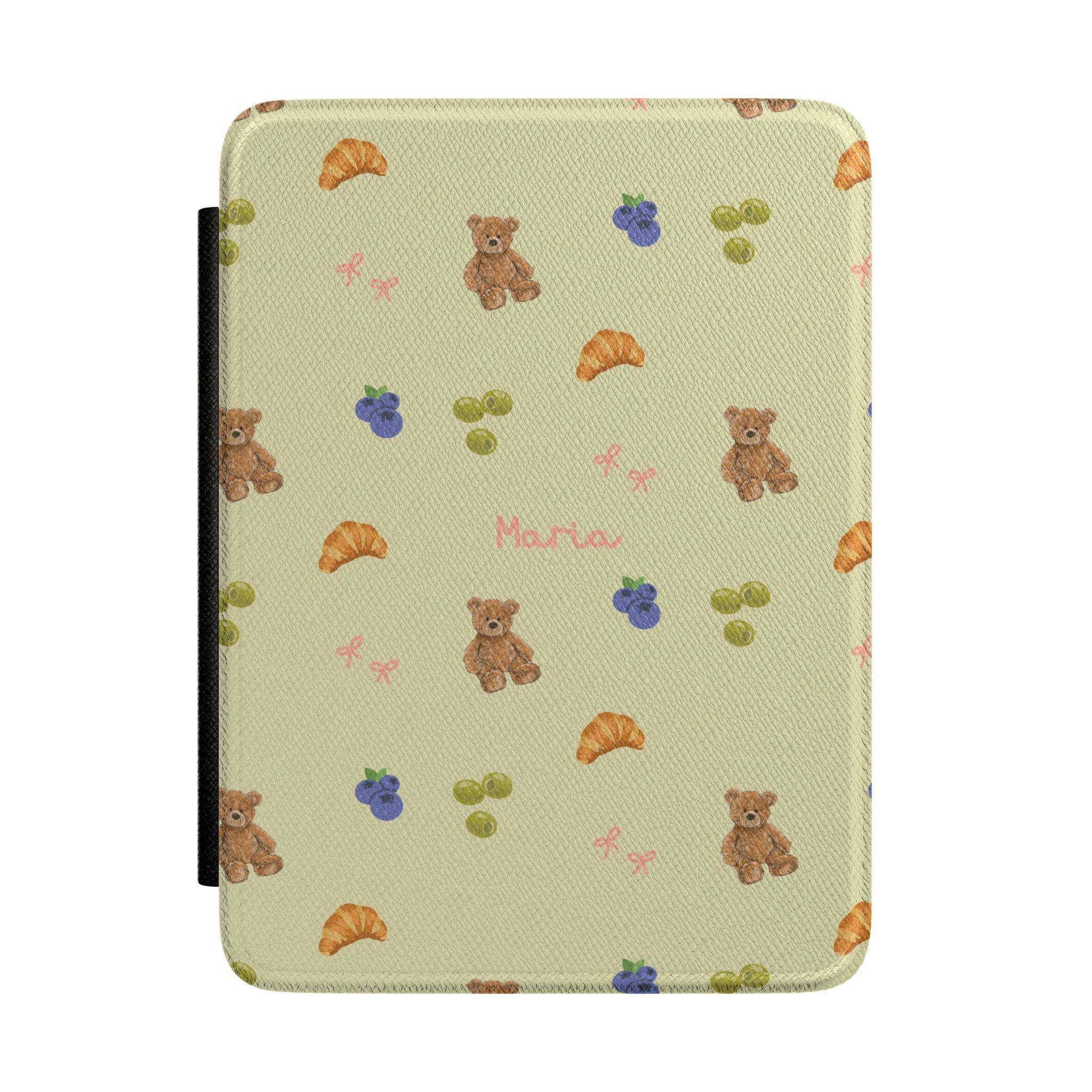 Olive Kindle hardcover case with teddy bears, paw prints, and custom name text