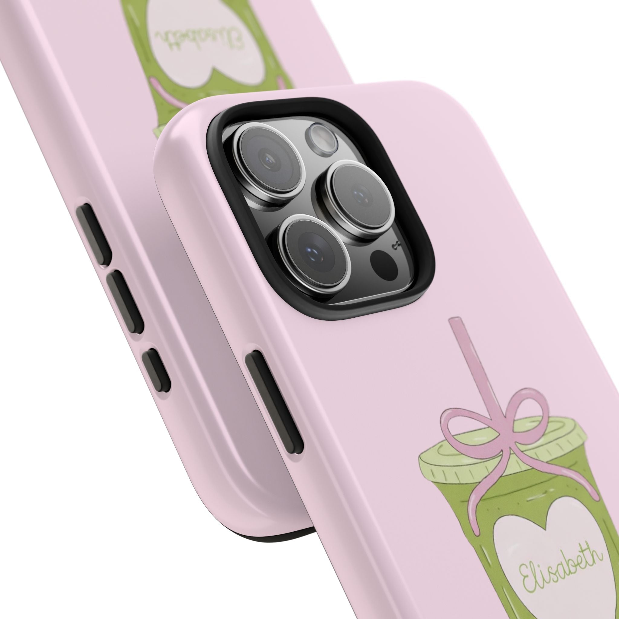 Angled pink phone case with raised camera cover and matcha cup “Elizabeth” art