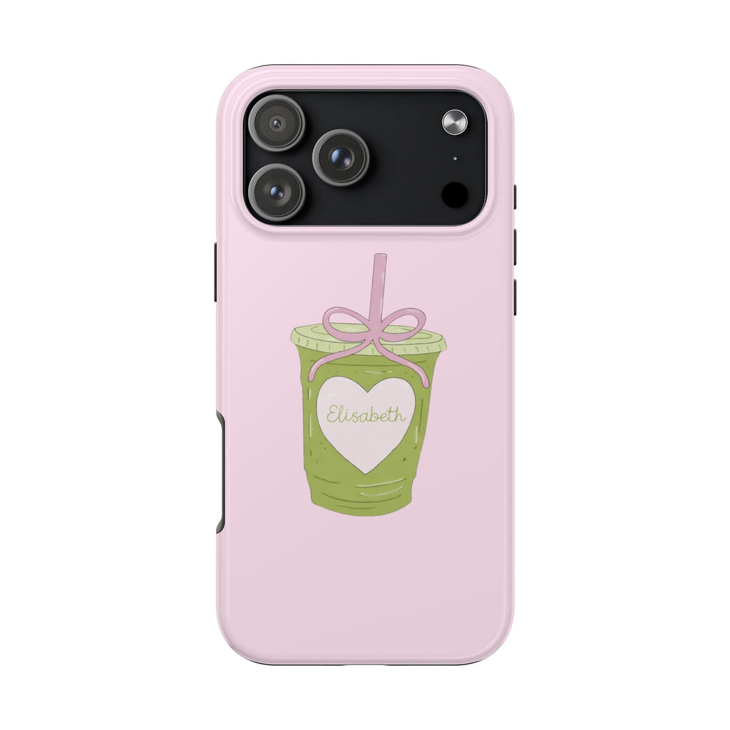 Pink phone case back with matcha cup heart design and “Elizabeth” script