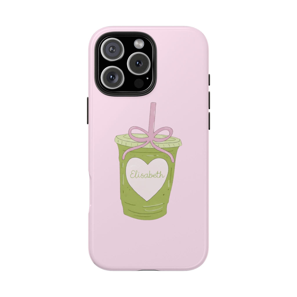 Pink phone case with matcha cup graphic and heart tag reading “Elizabeth”