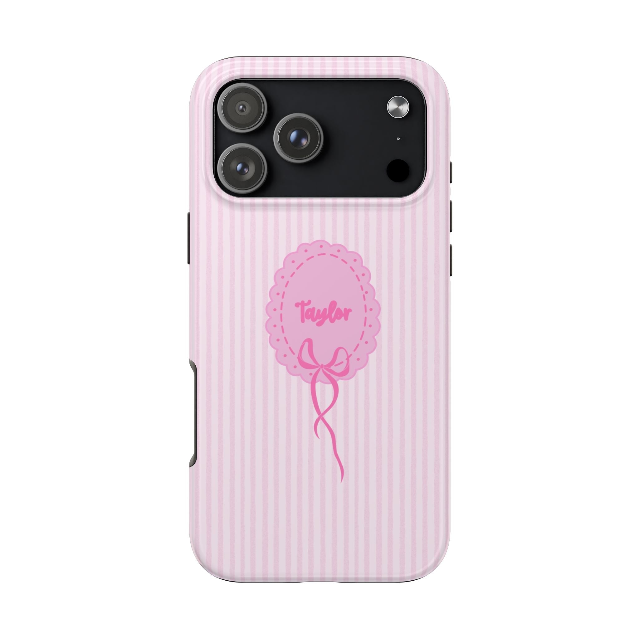Pink striped phone case with Taylor name badge and bow, showing camera lenses