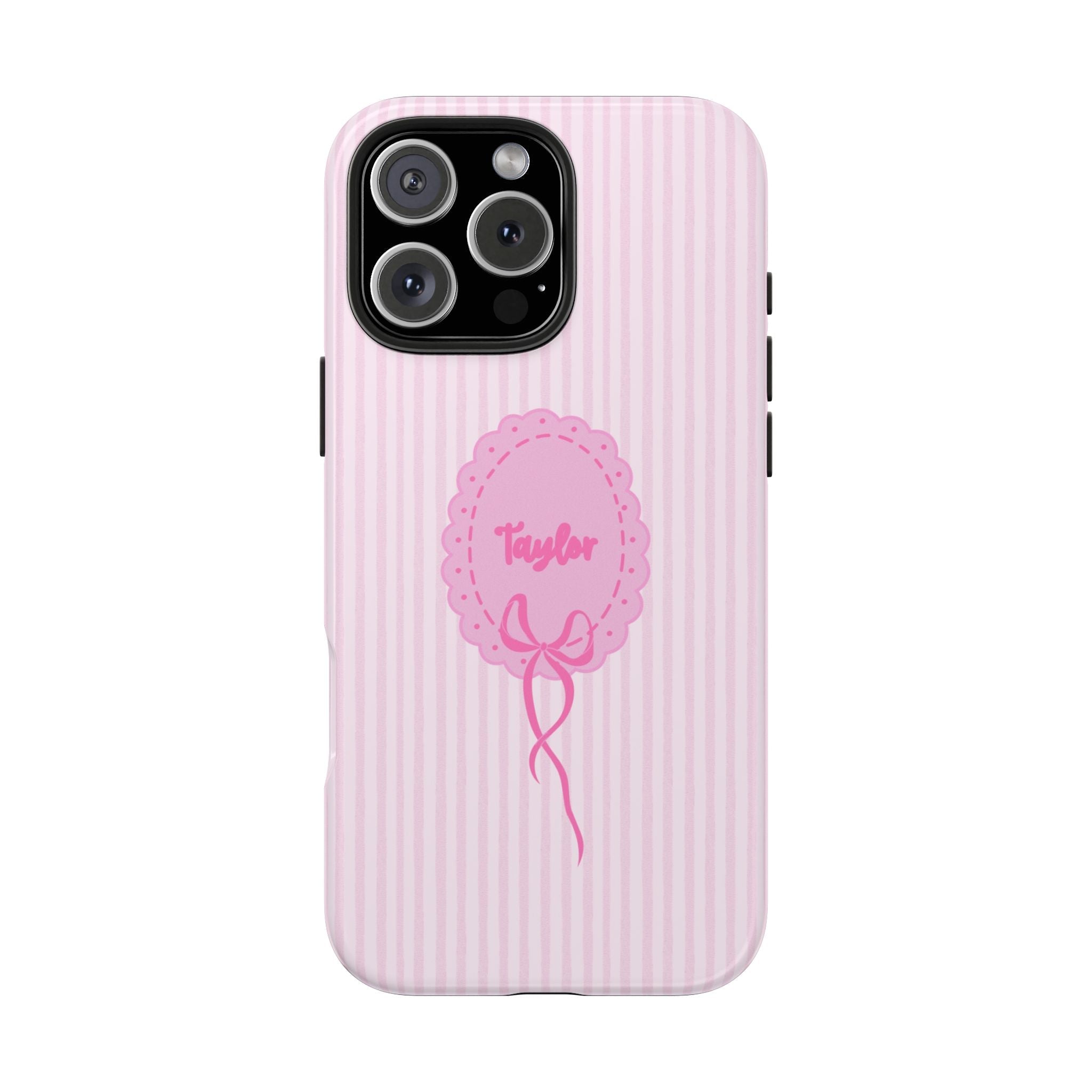 Pink striped phone case with Taylor name medallion and bow, visible camera cutout