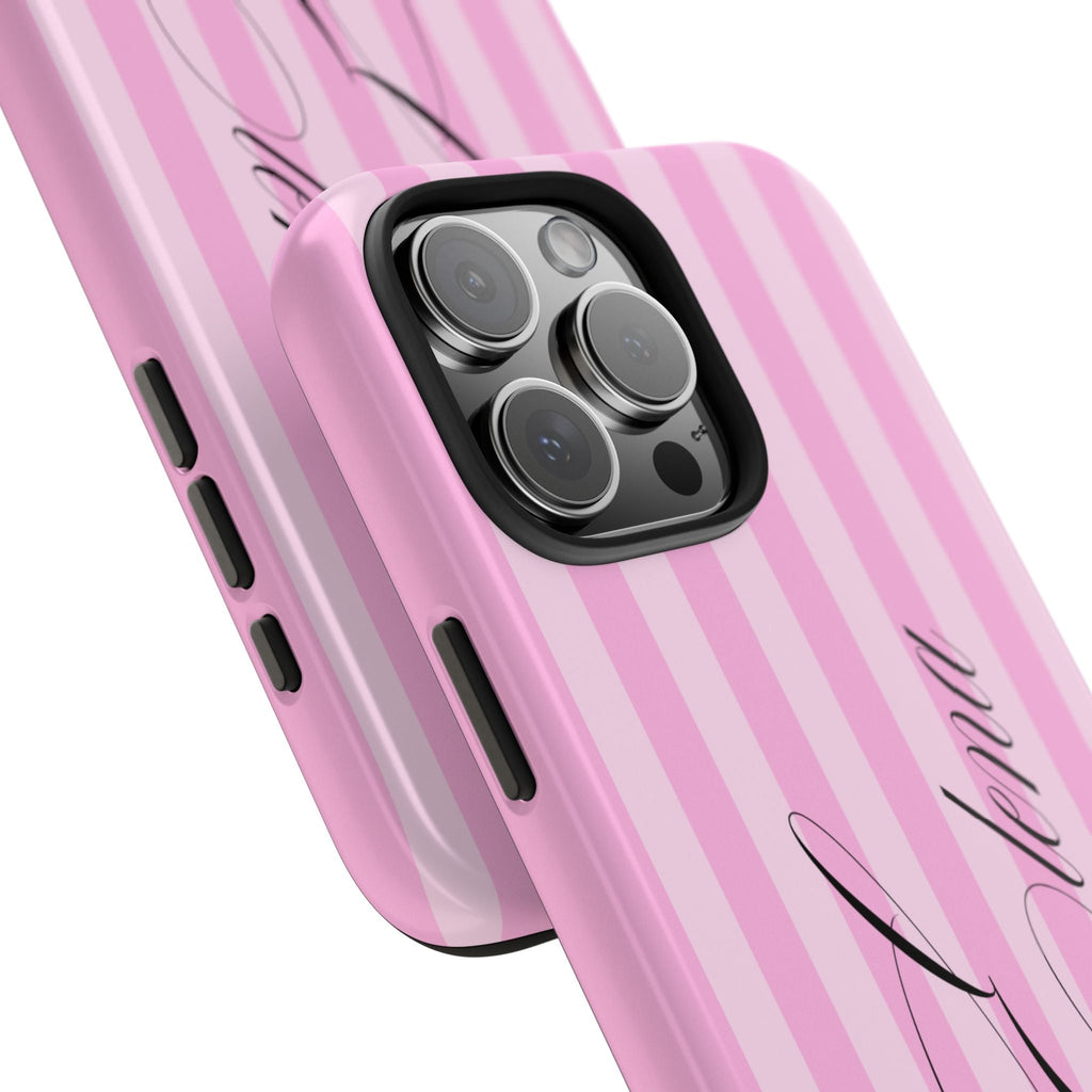 Pink striped custom phone case with cursive design, side buttons and camera lenses visible