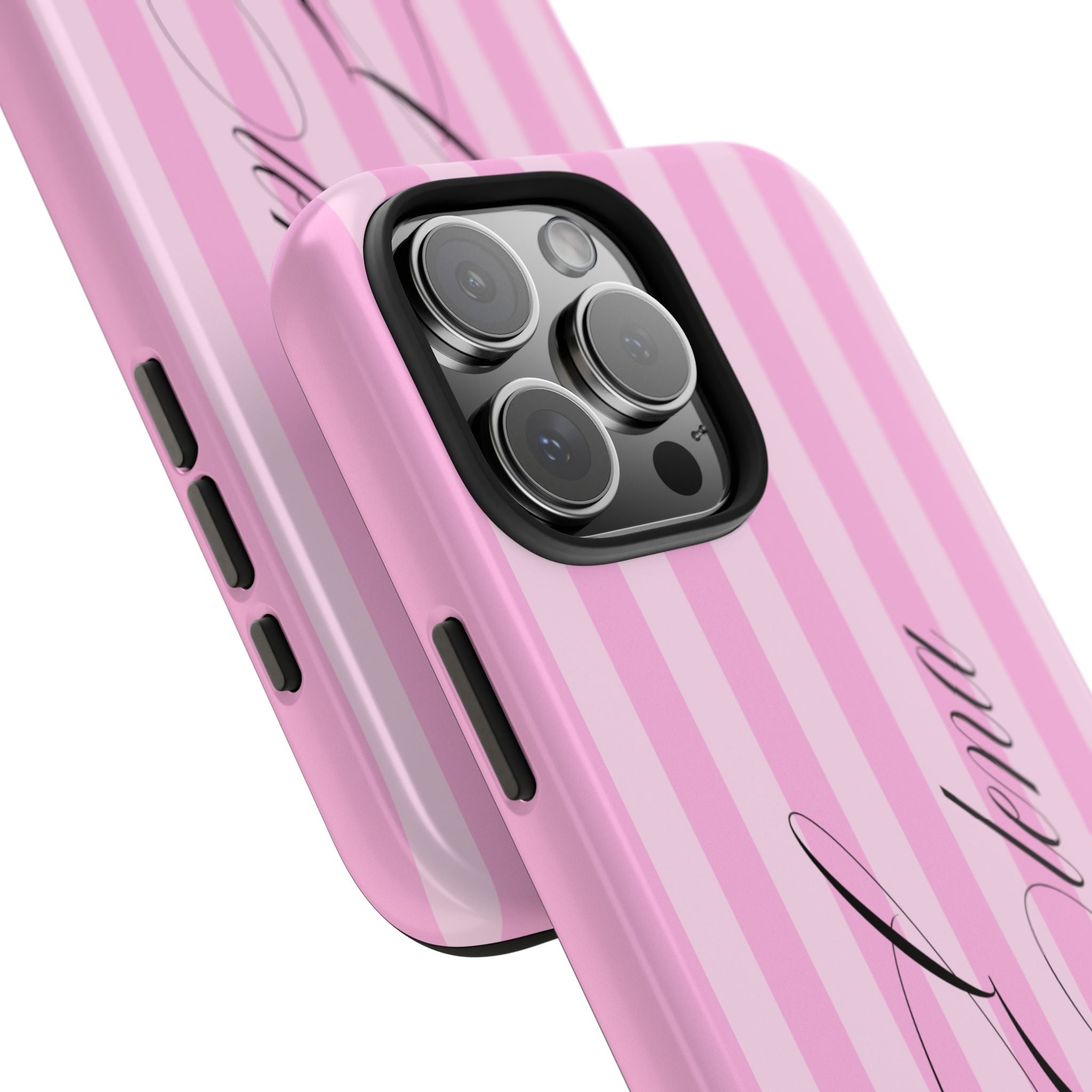 Pink striped custom phone case with cursive design, side buttons and camera lenses visible